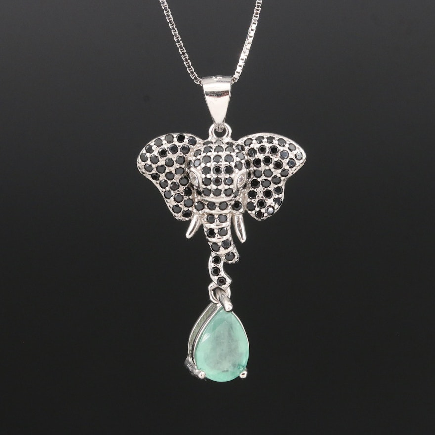 Sterling Emerald and Cubic Zirconia Elephant Drop Pendant Necklace