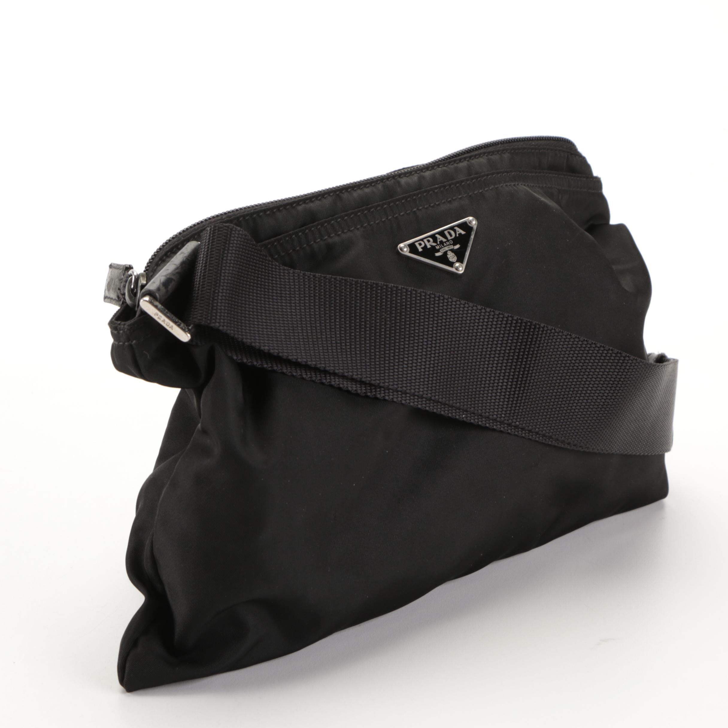 Prada Small Zip Crossbody Bag in Black Nylon Gabardine with Leather Trim