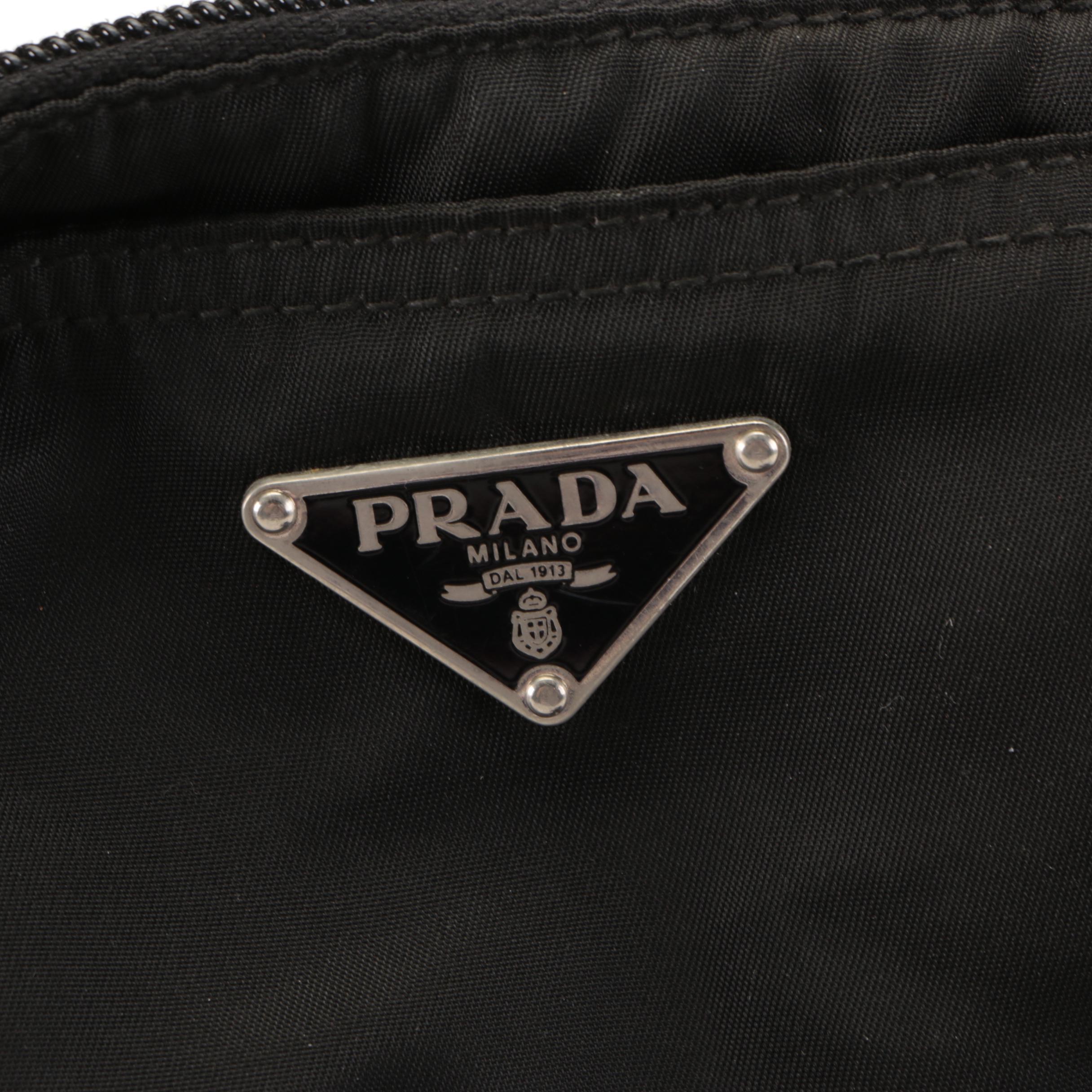 Prada Small Zip Crossbody Bag in Black Nylon Gabardine with Leather Trim