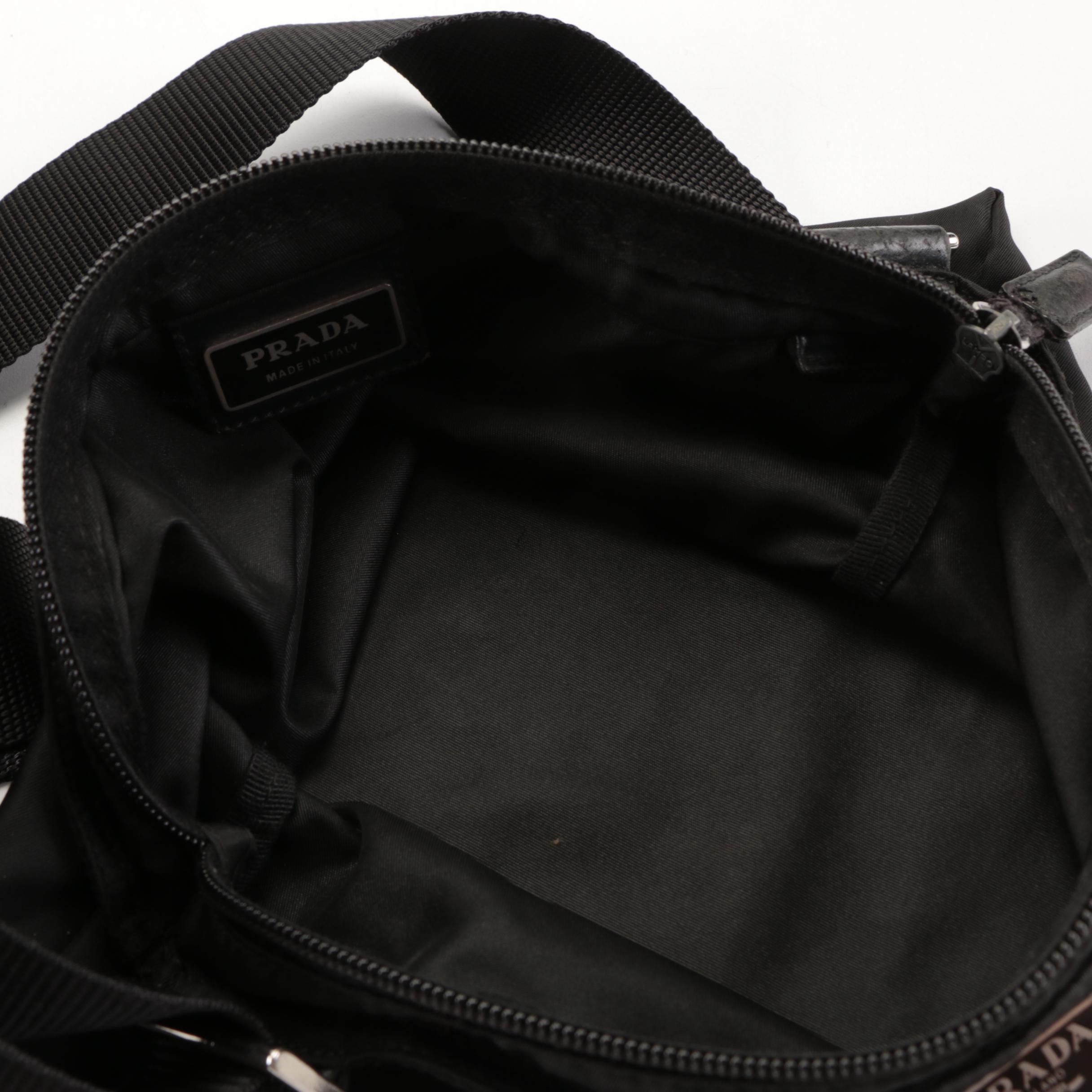 Prada Small Zip Crossbody Bag in Black Nylon Gabardine with Leather Trim