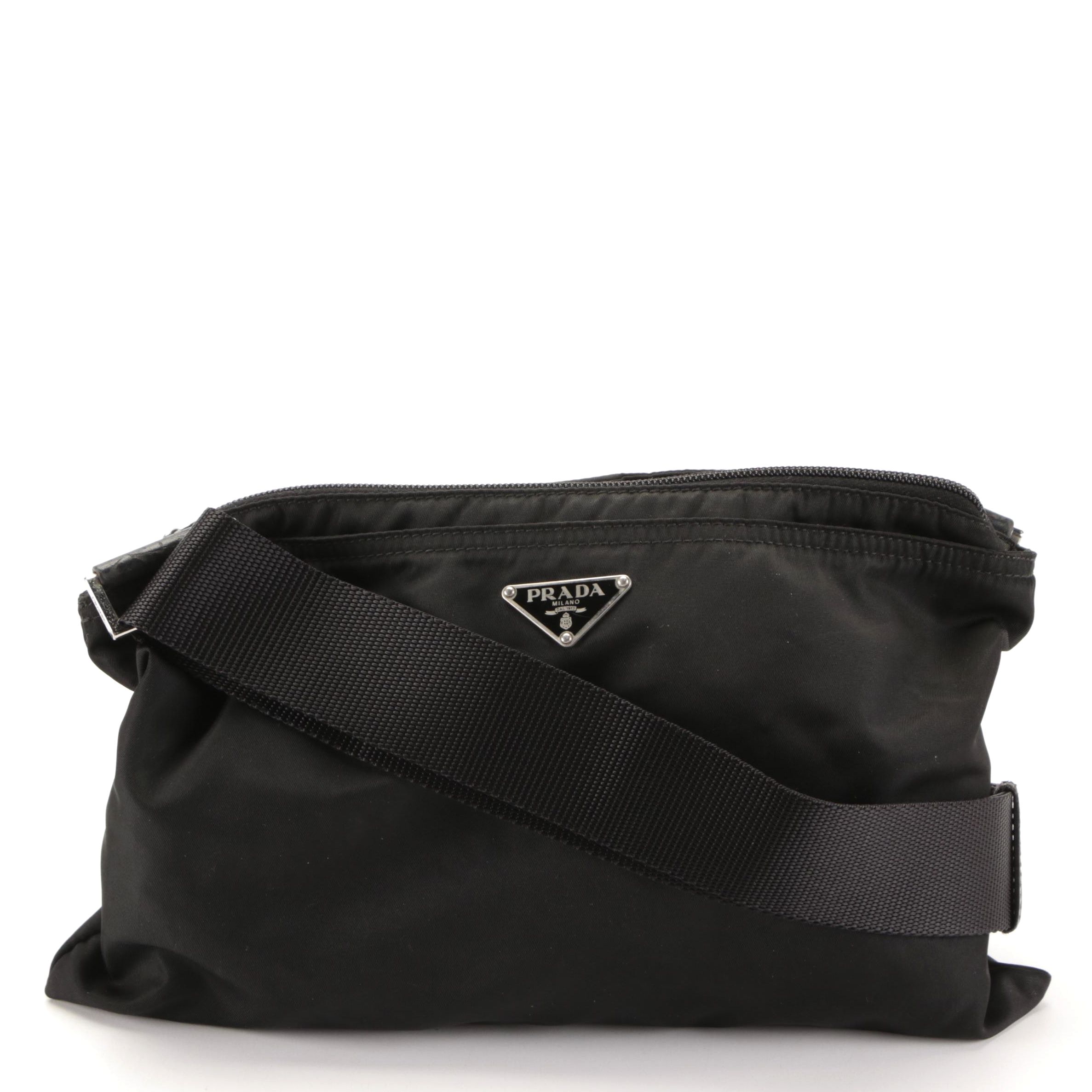 Prada Small Zip Crossbody Bag in Black Nylon Gabardine with Leather Trim