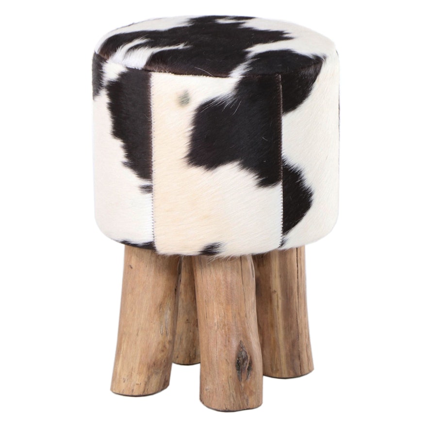 Contemporary Cowhide Upholstered Wood Footstool