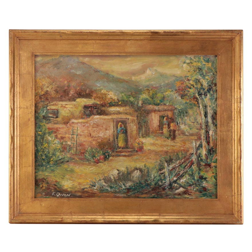 F. Owen Oil Painting of Adobes With Figures, Late 20th Century