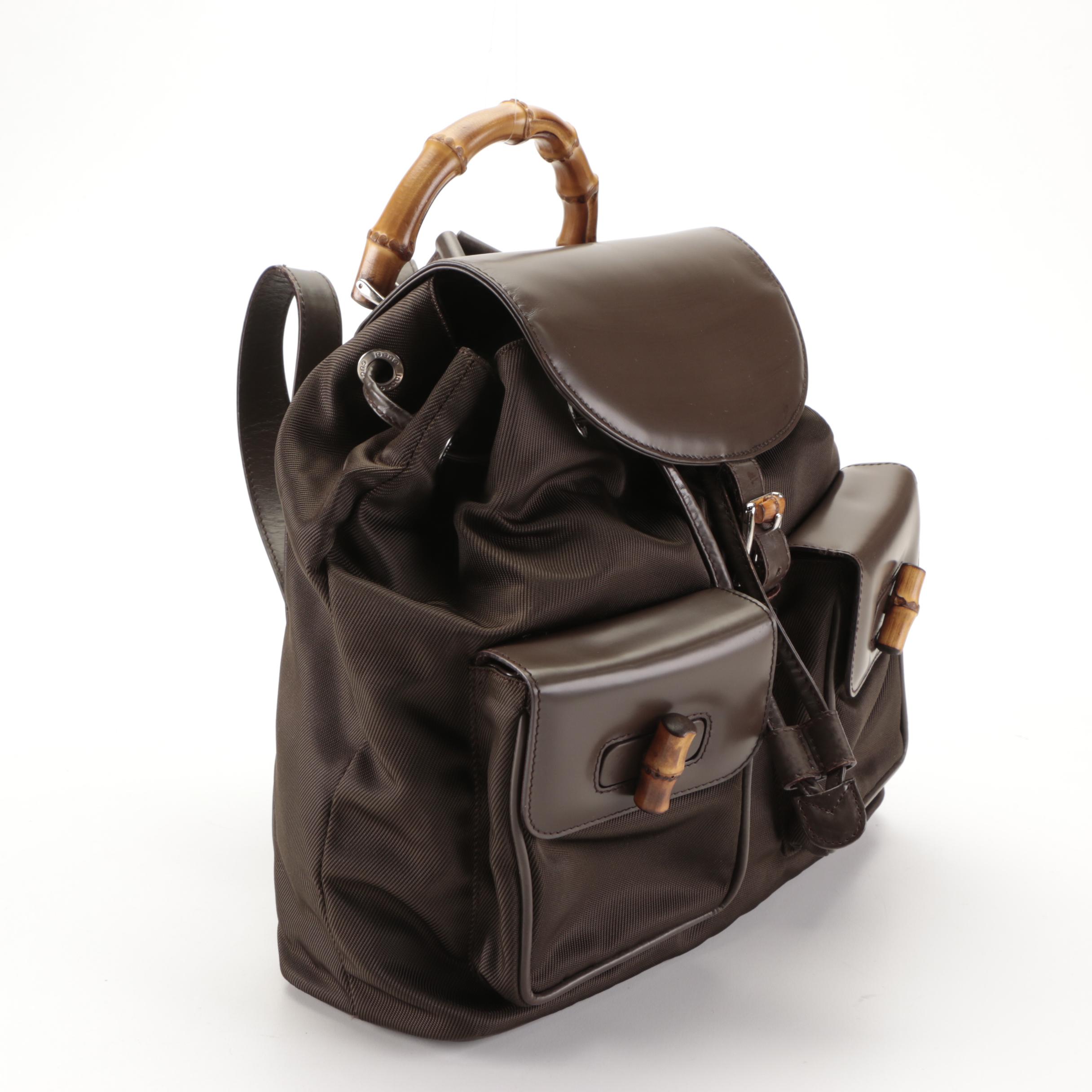 Gucci Bamboo Drawstring Backpack in Brown Nylon and Smooth Leather