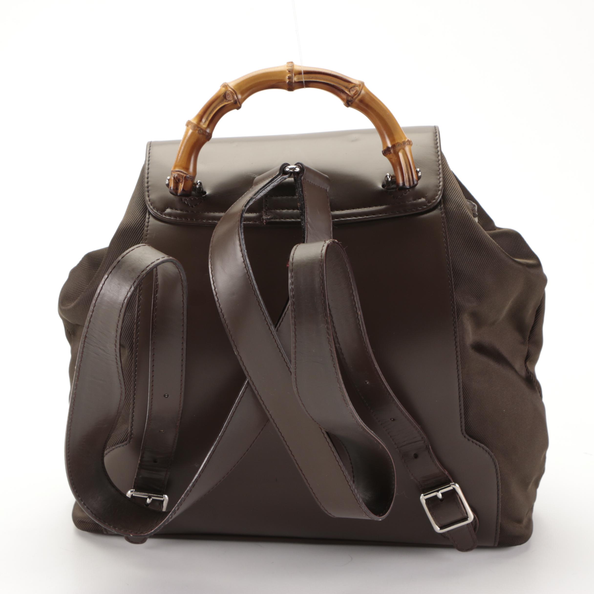 Gucci Bamboo Drawstring Backpack in Brown Nylon and Smooth Leather
