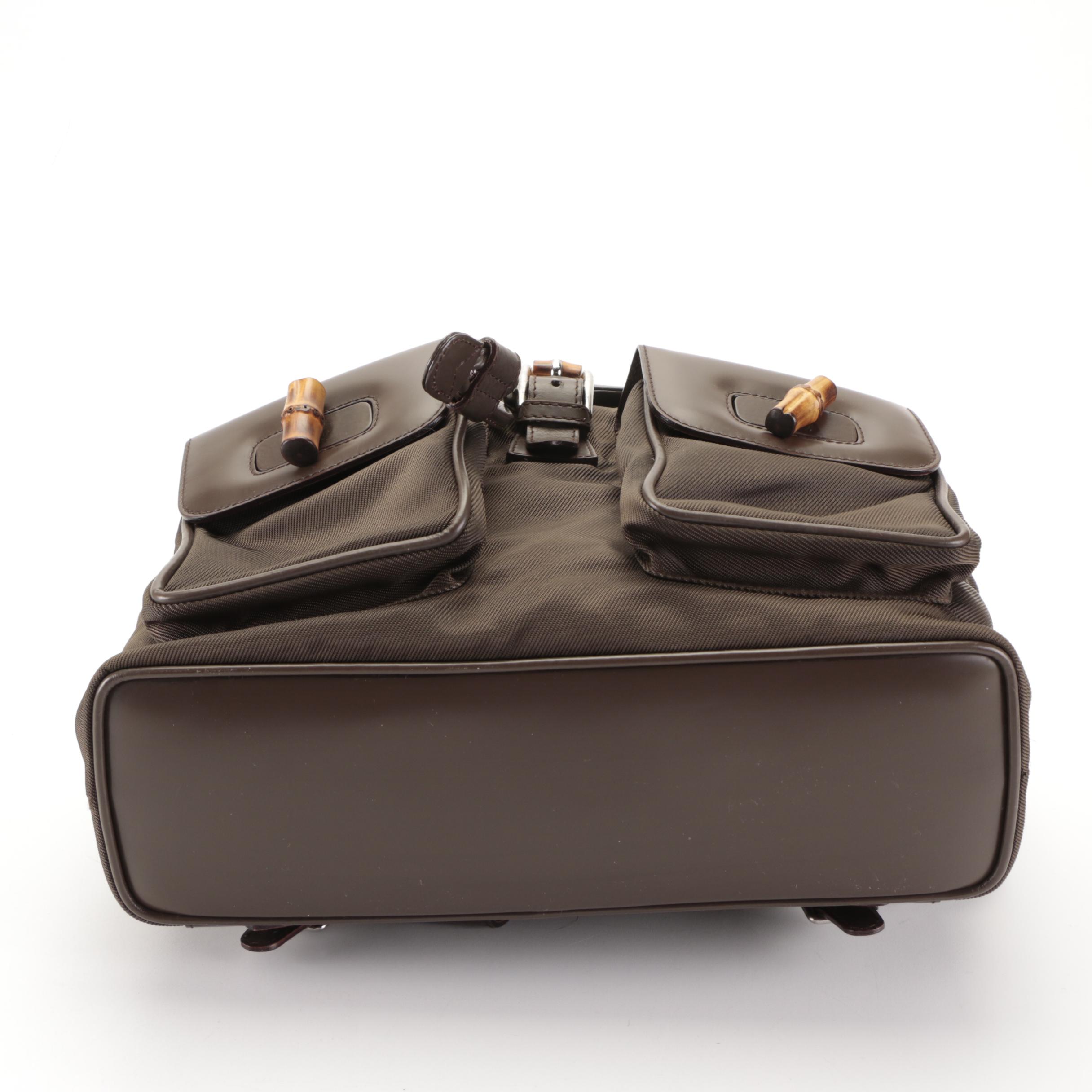 Gucci Bamboo Drawstring Backpack in Brown Nylon and Smooth Leather
