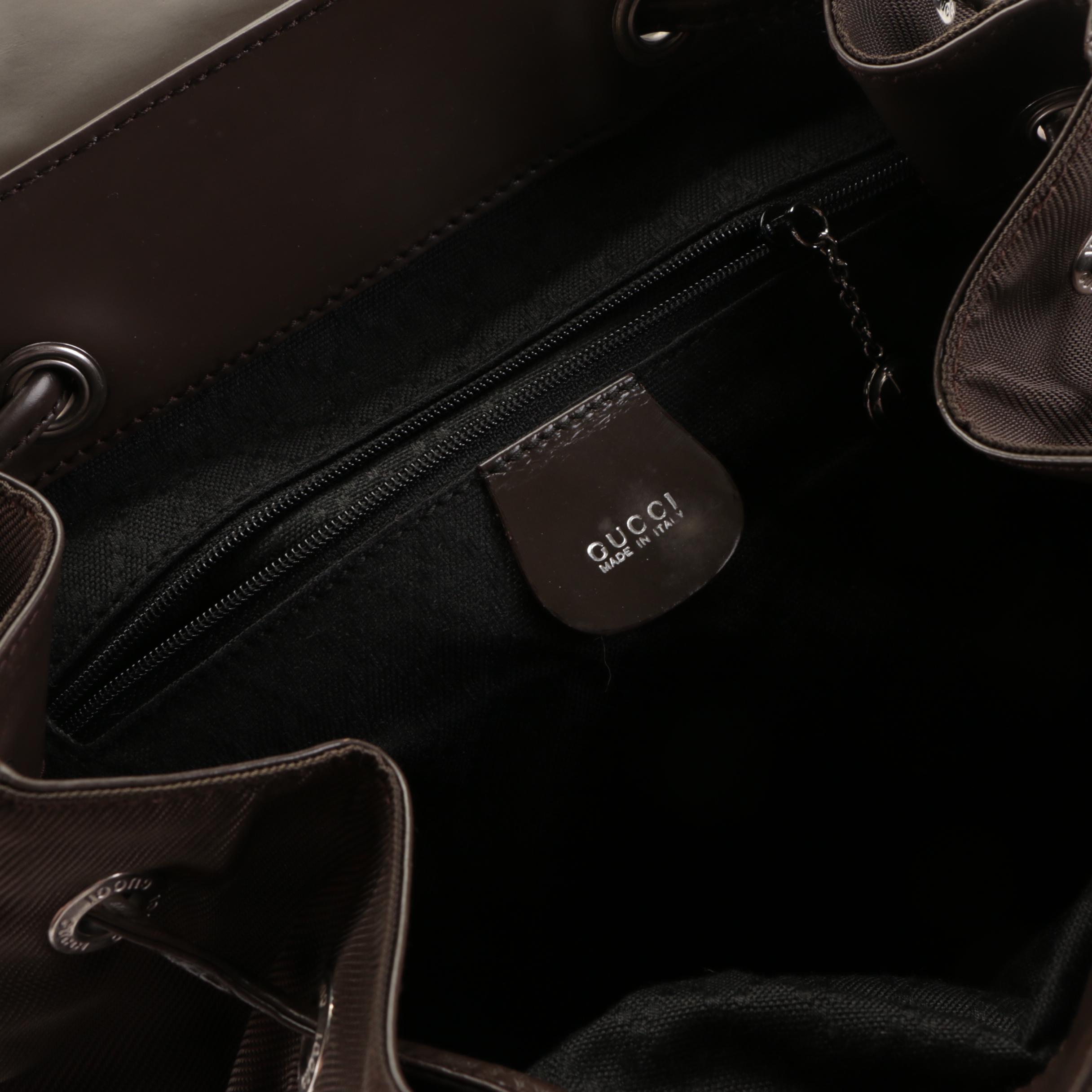 Gucci Bamboo Drawstring Backpack in Brown Nylon and Smooth Leather