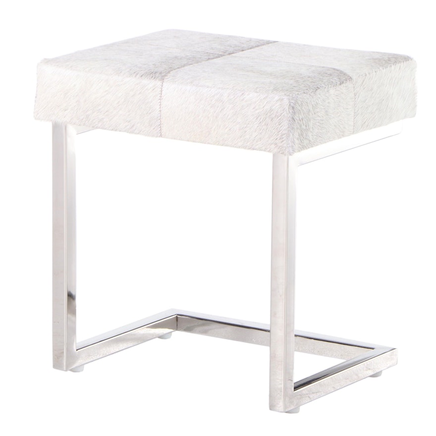 Modern Cowhide Upholstered Footstool with Chrome Cantilever Frame