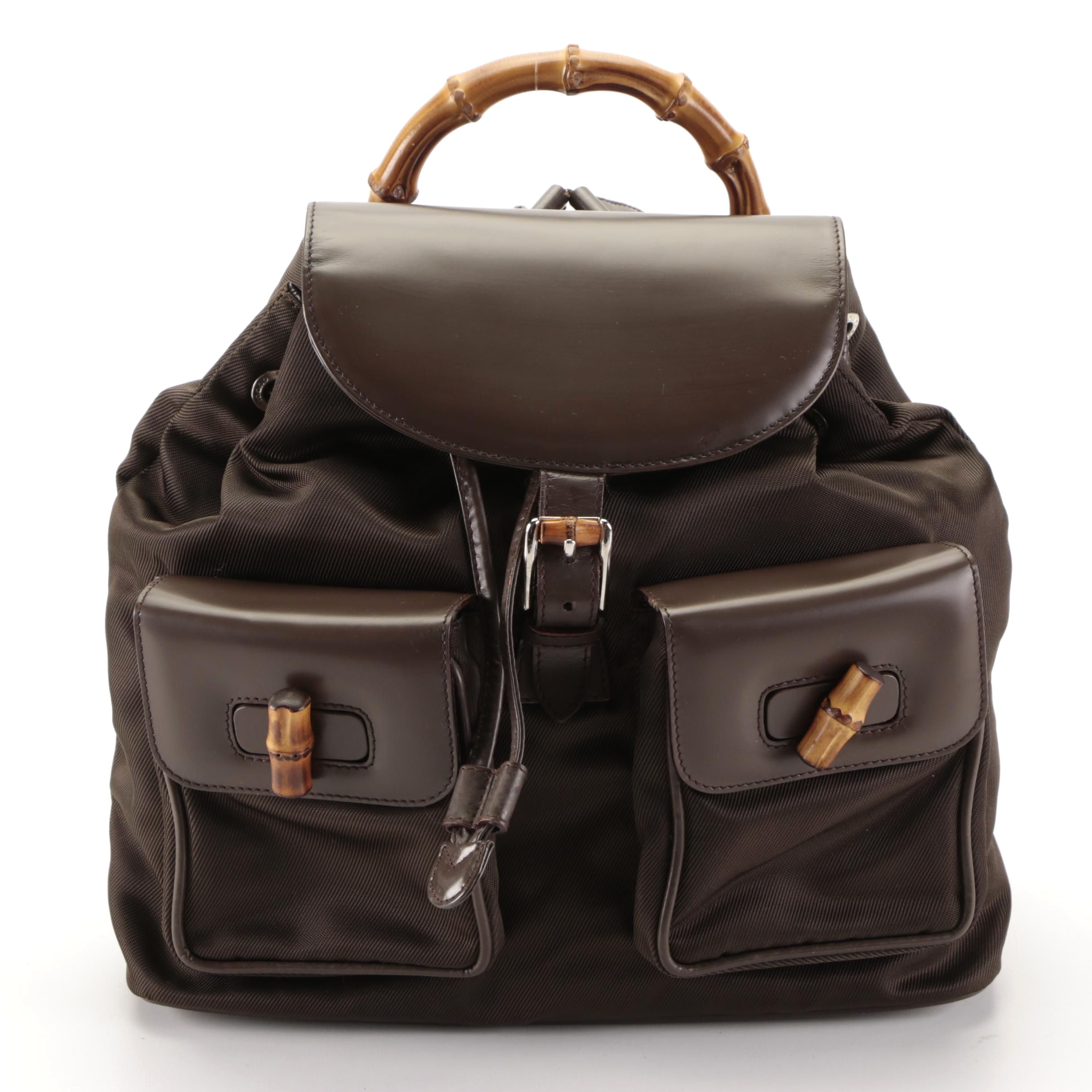 Gucci Bamboo Drawstring Backpack in Brown Nylon and Smooth Leather