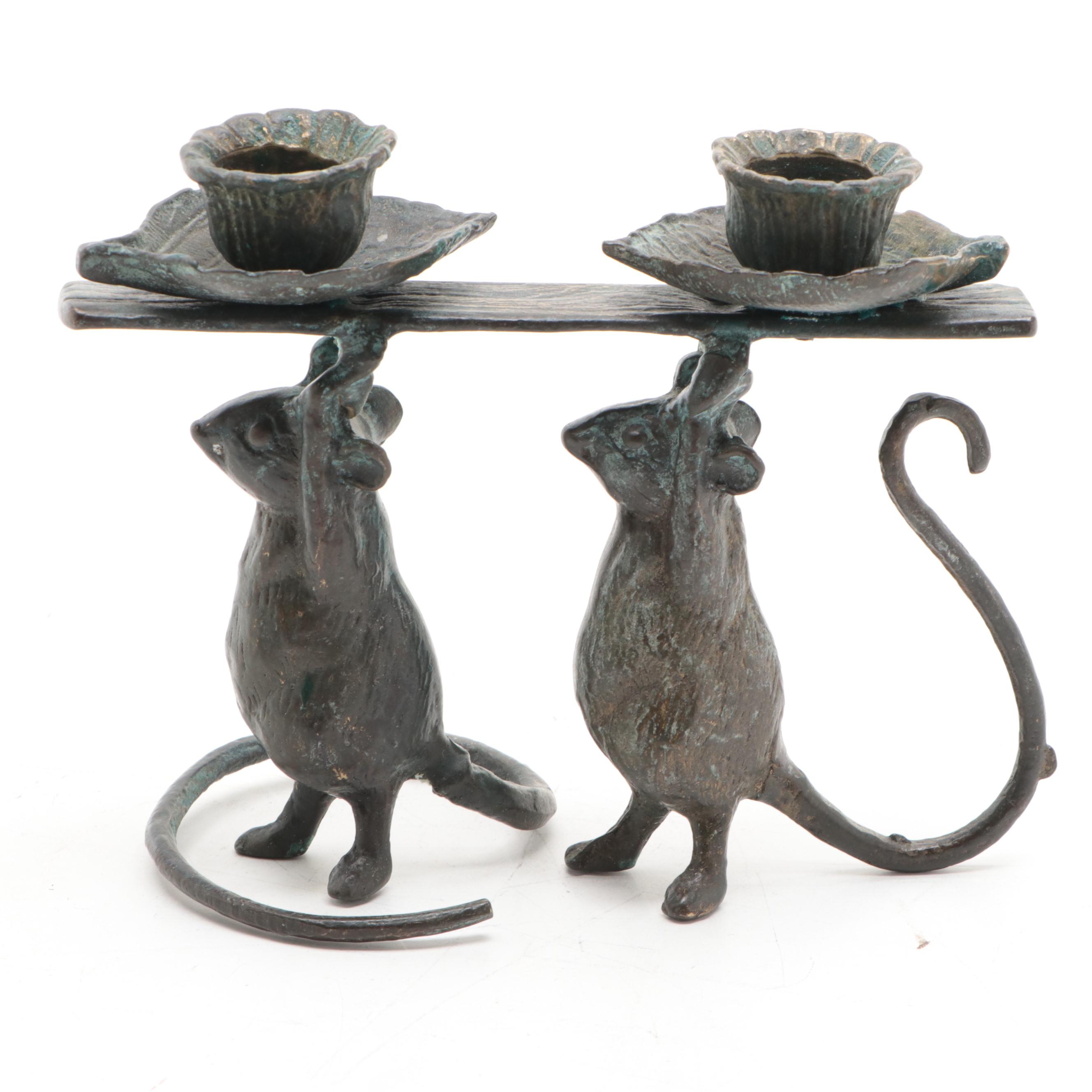 Patinated Metal Figural  Mouse Candle Holders