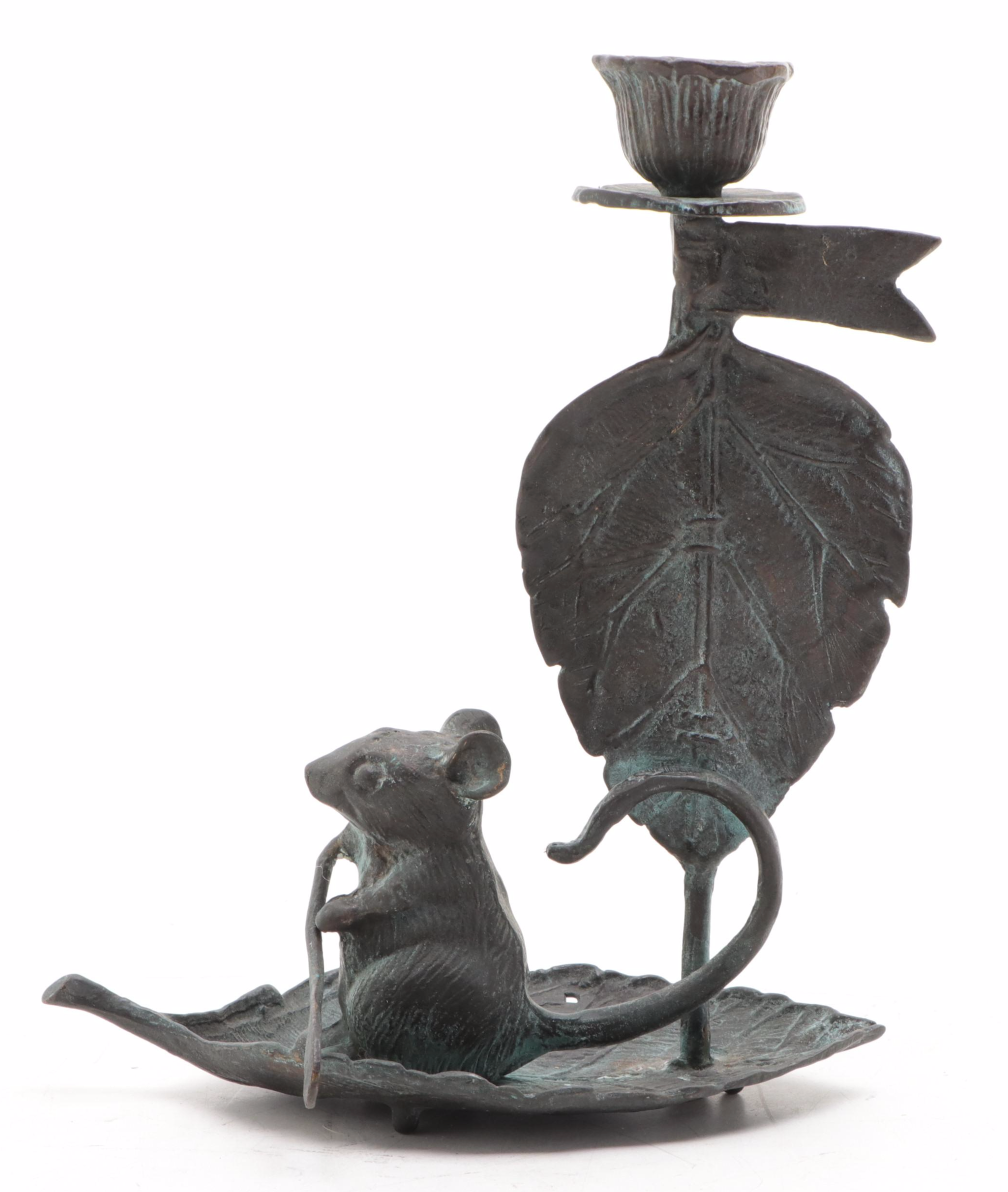 Patinated Metal Figural  Mouse Candle Holders