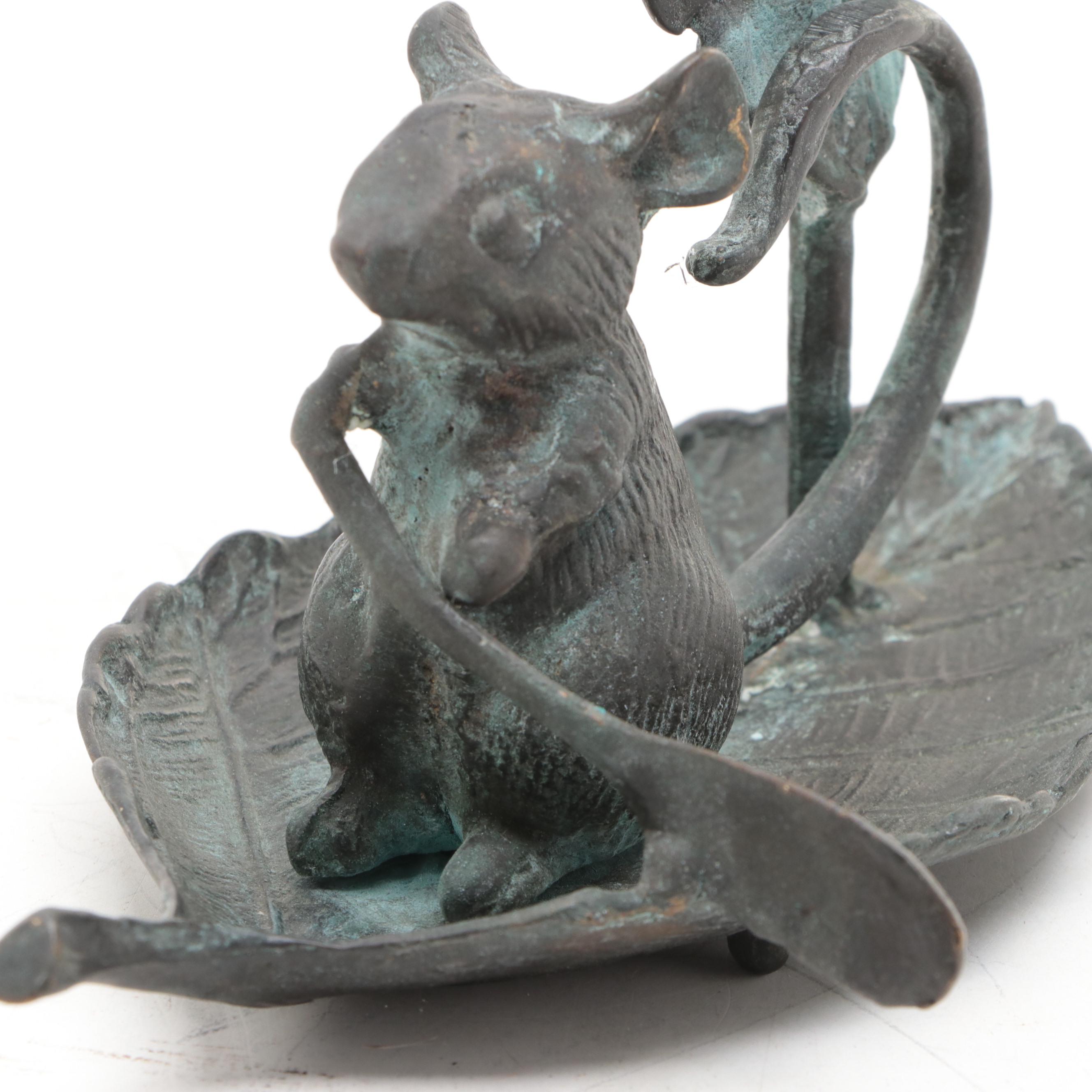 Patinated Metal Figural  Mouse Candle Holders