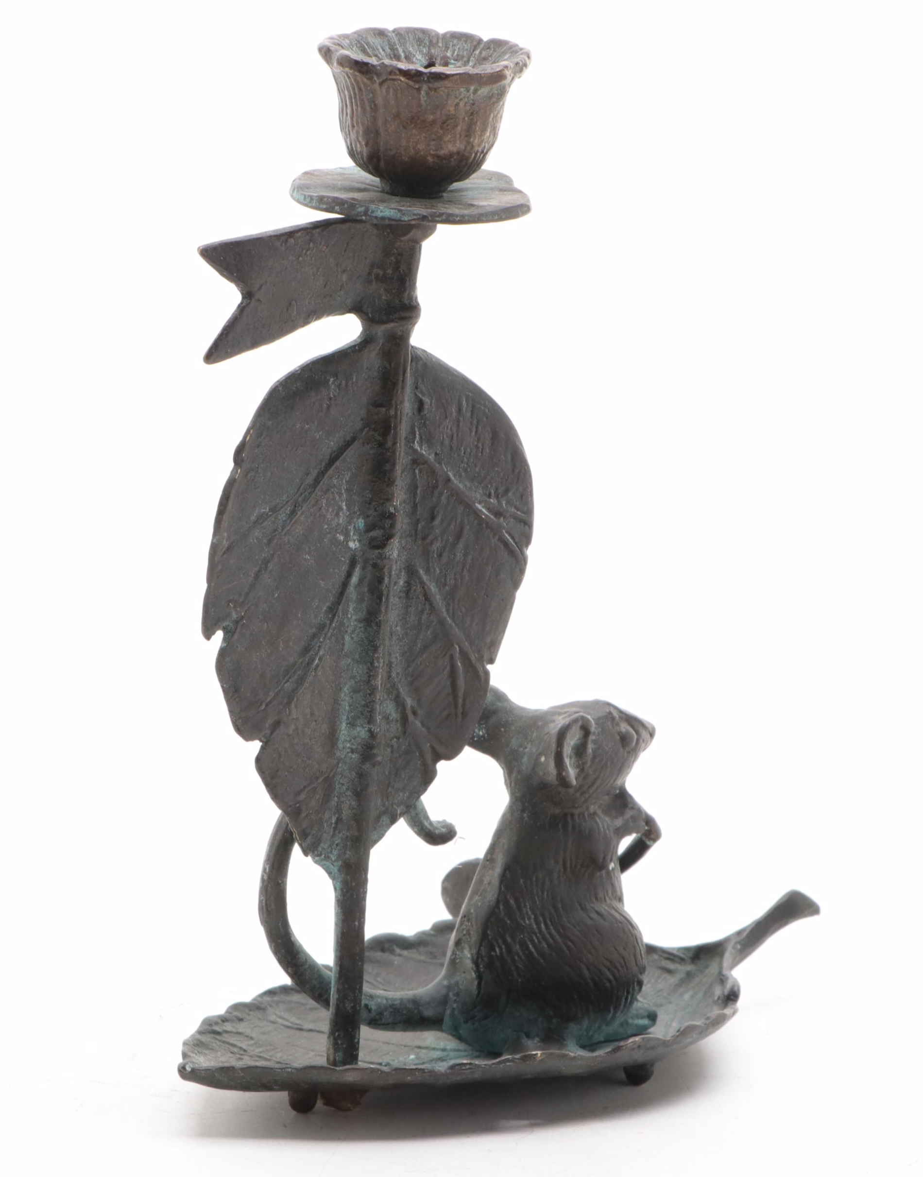 Patinated Metal Figural  Mouse Candle Holders