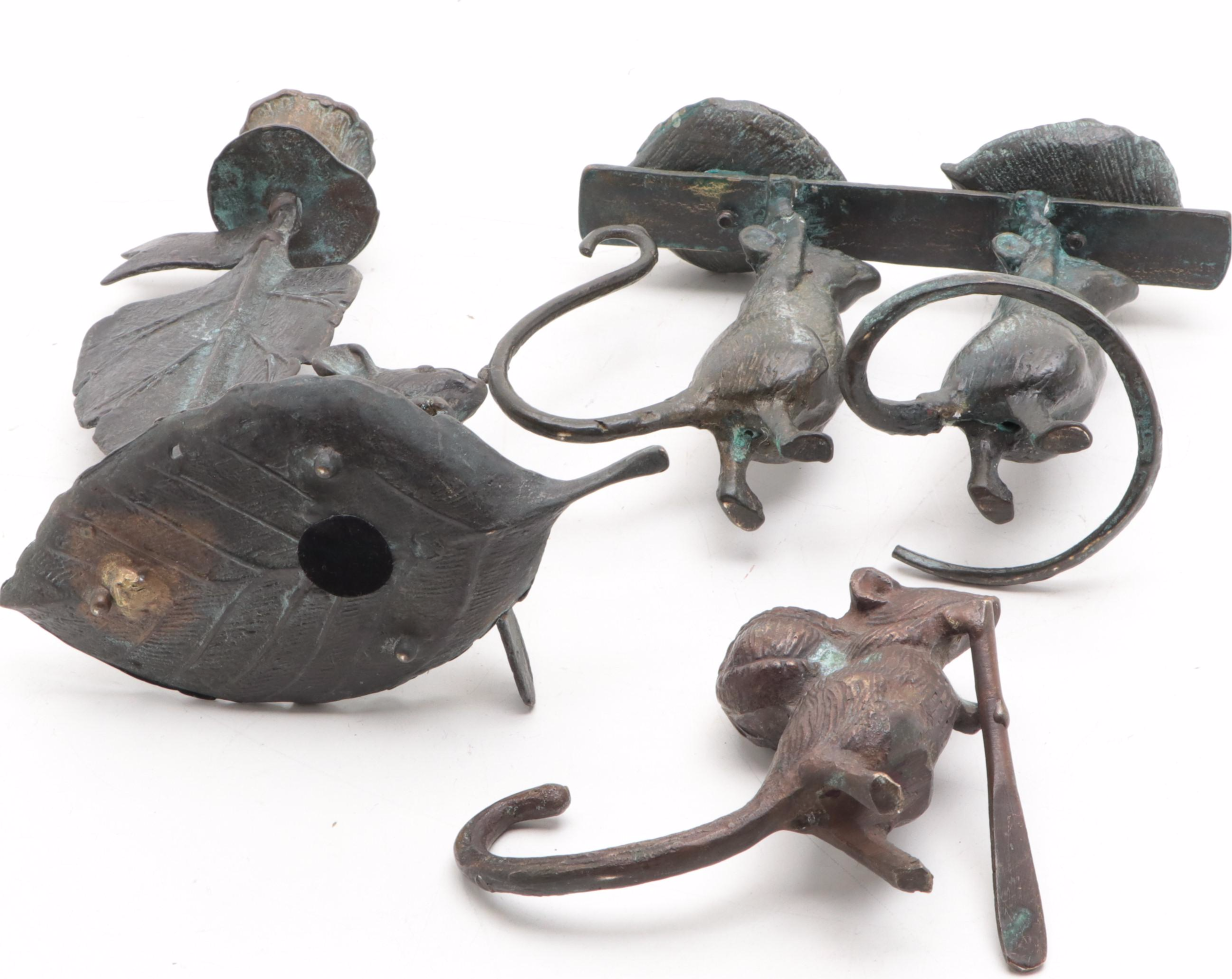 Patinated Metal Figural  Mouse Candle Holders