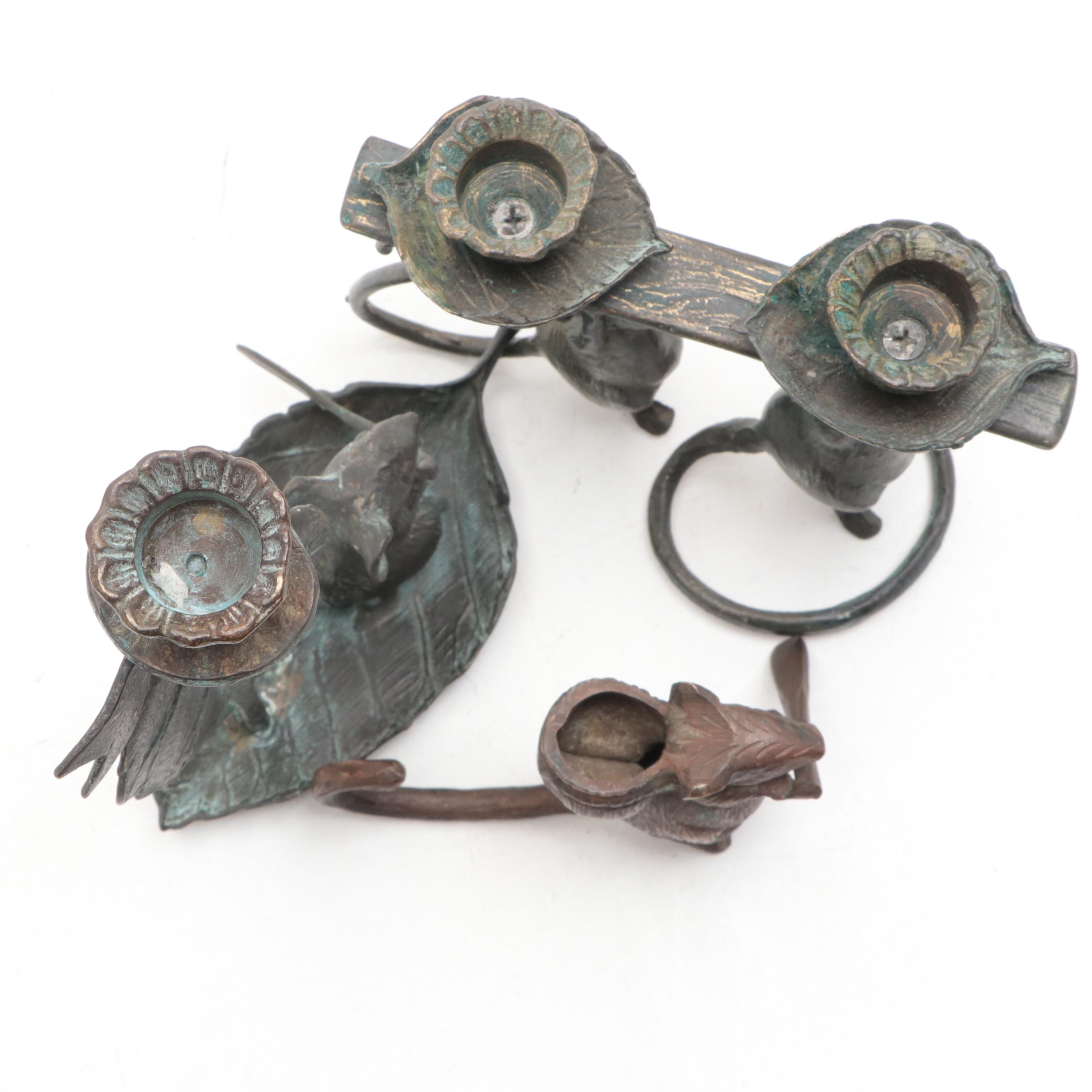 Patinated Metal Figural  Mouse Candle Holders