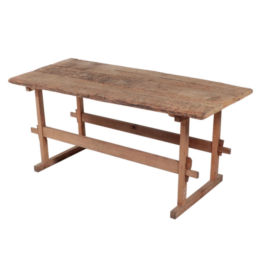 Primitive Style Wood Plank Trestle Work Table