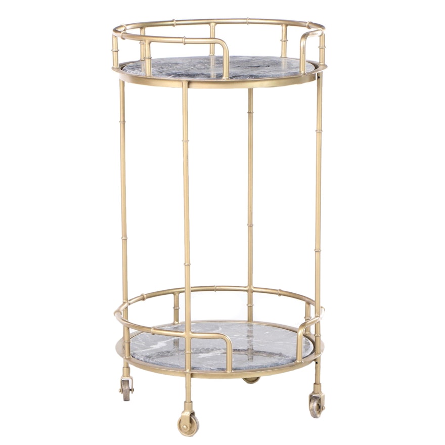 Contemporary Two-Tier Marble and Gold Tone Metal Faux Bamboo Bar Cart