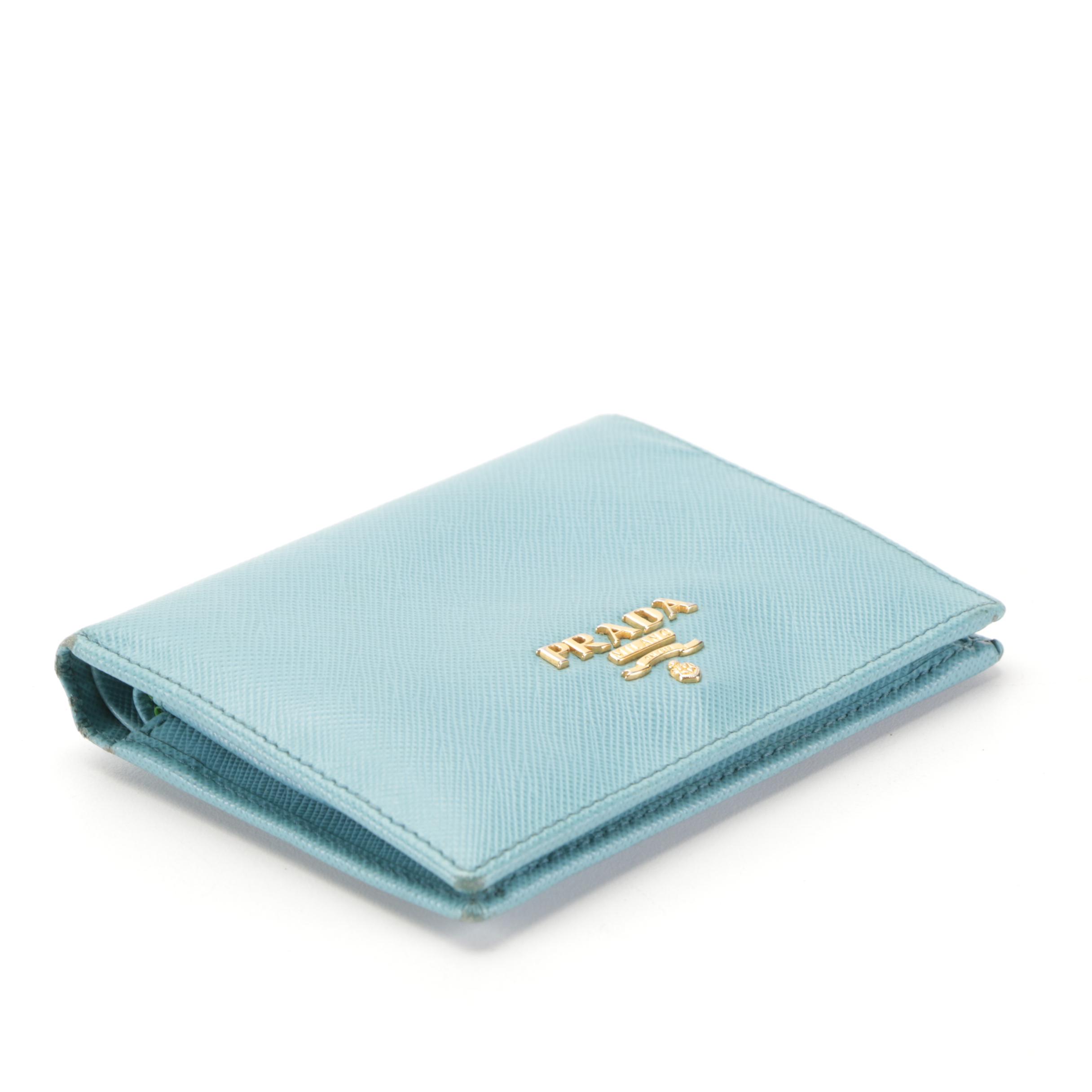 Prada Compact Bifold Wallet in Light Blue Saffiano Leather