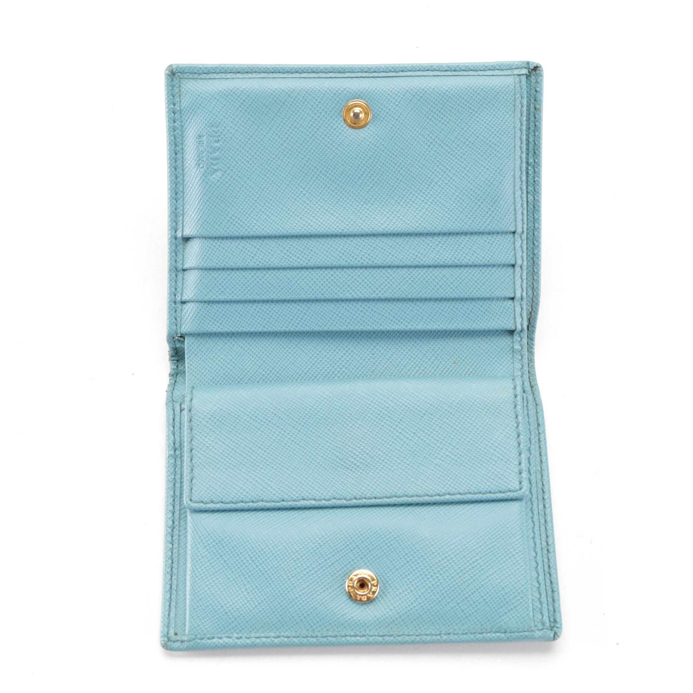 Prada Compact Bifold Wallet in Light Blue Saffiano Leather