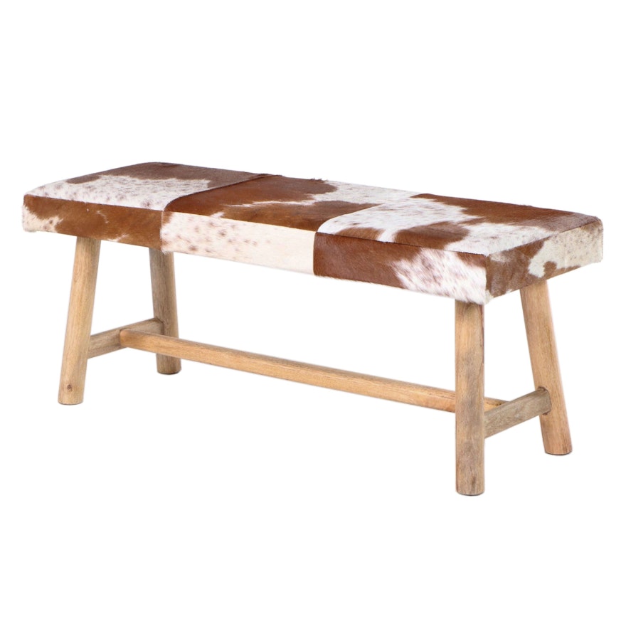 Contemporary Cowhide Upholstered Wooden Bench