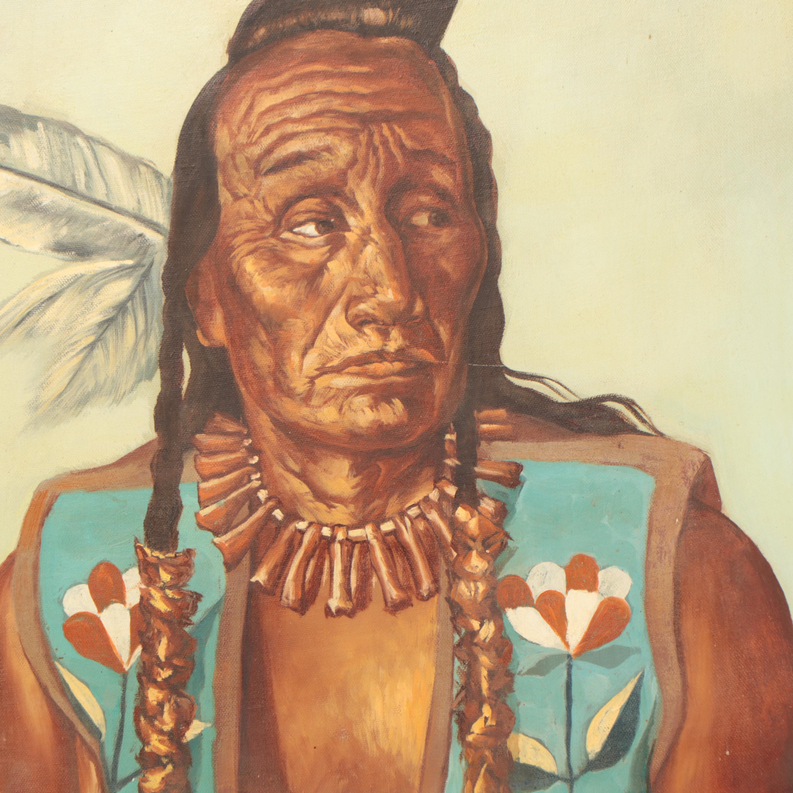 Thomas Morman Portrait Oil Painting of Native American, Mid-Late 20th Century