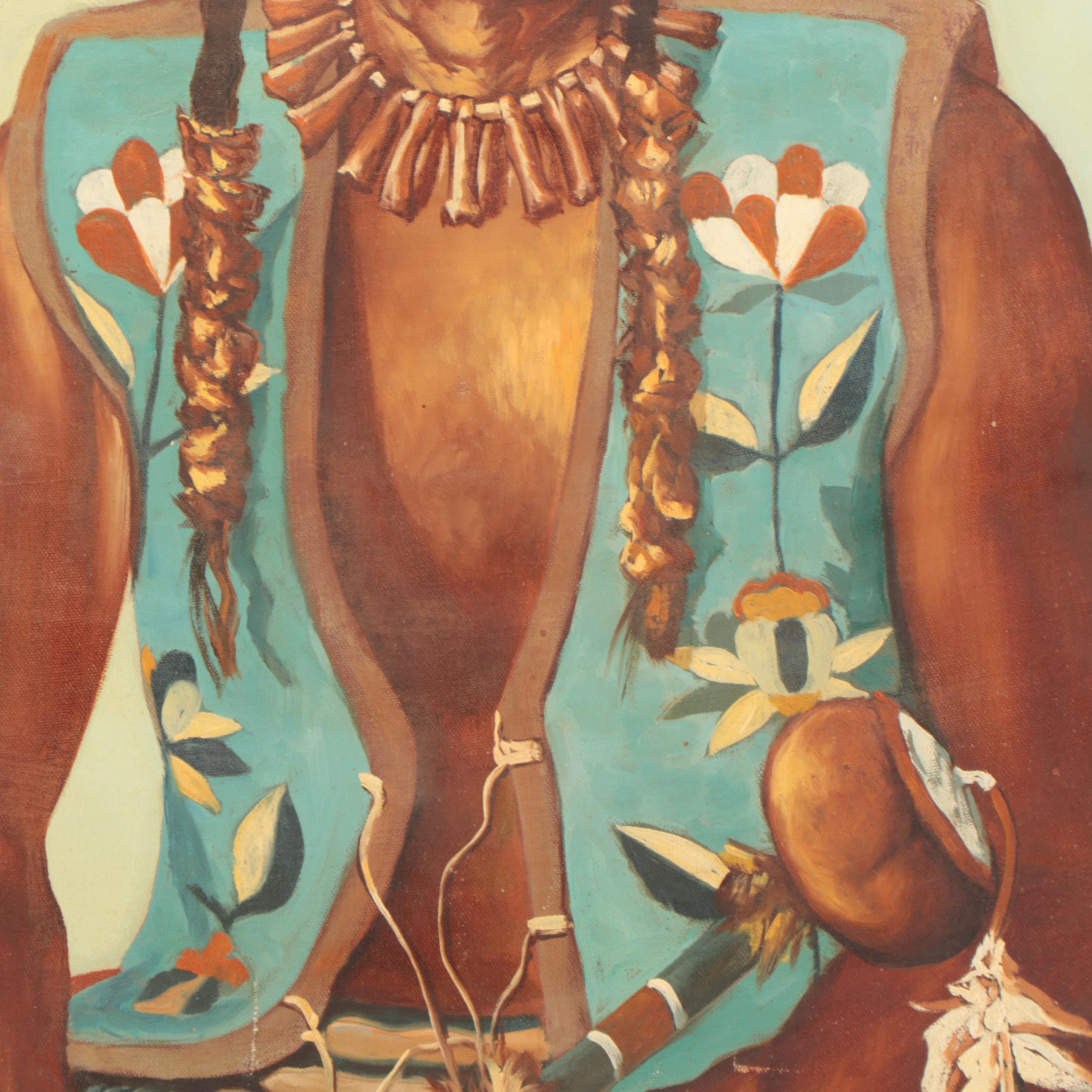 Thomas Morman Portrait Oil Painting of Native American, Mid-Late 20th Century