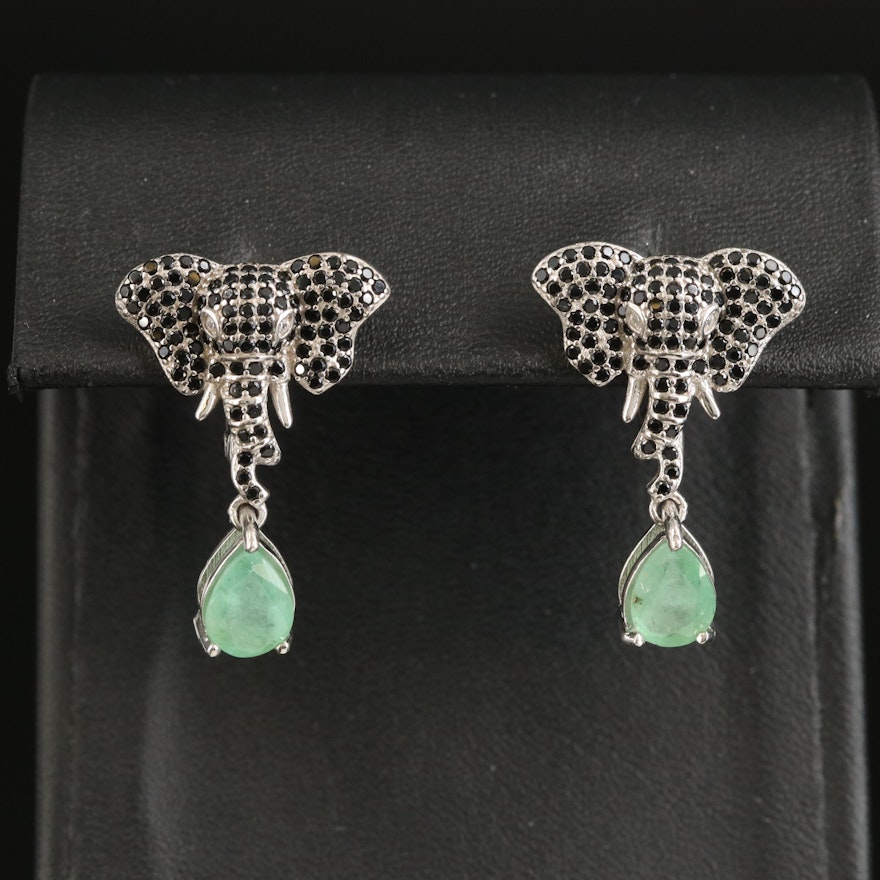 Sterling Elephant Earrings with Emerald and Spinel