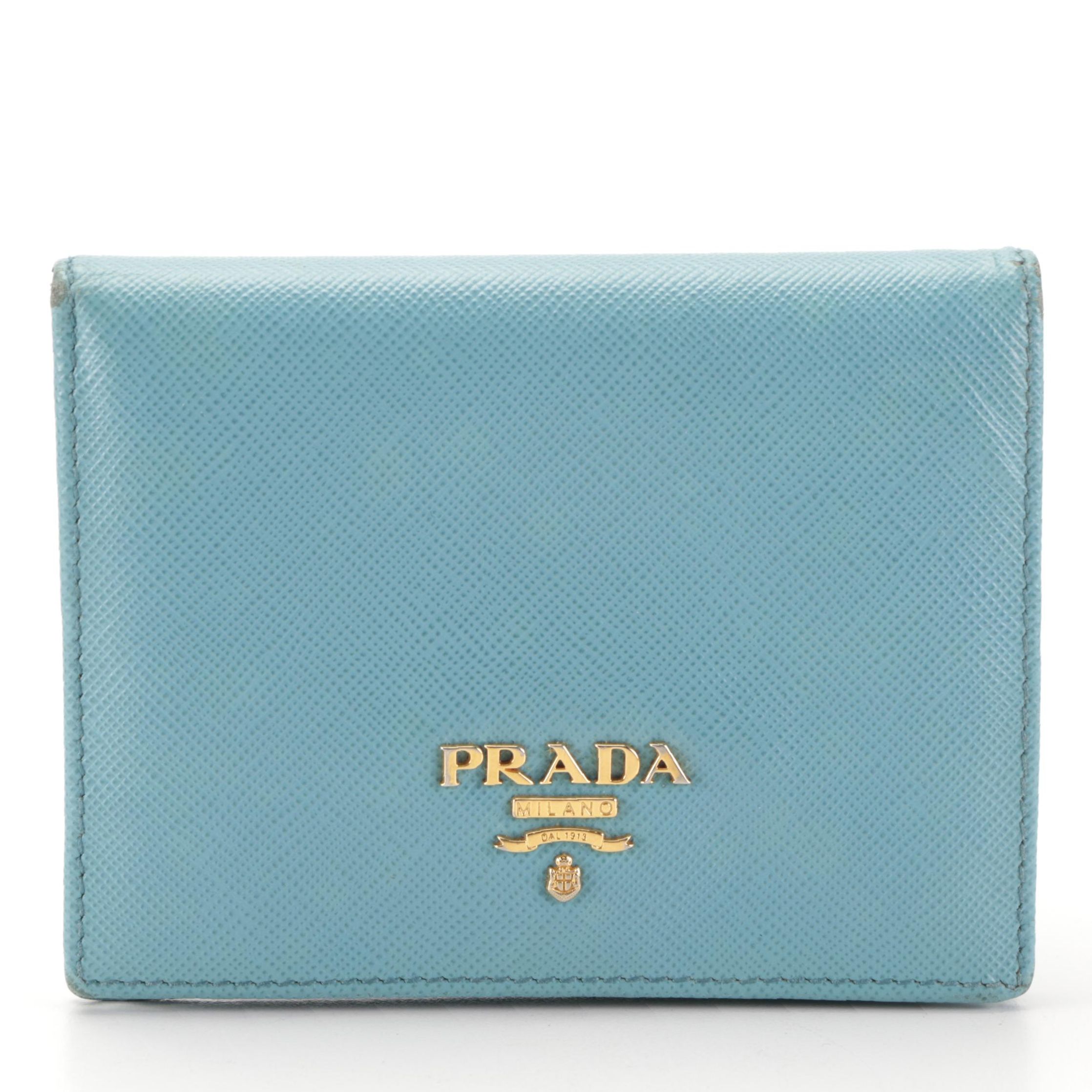 Prada Compact Bifold Wallet in Light Blue Saffiano Leather