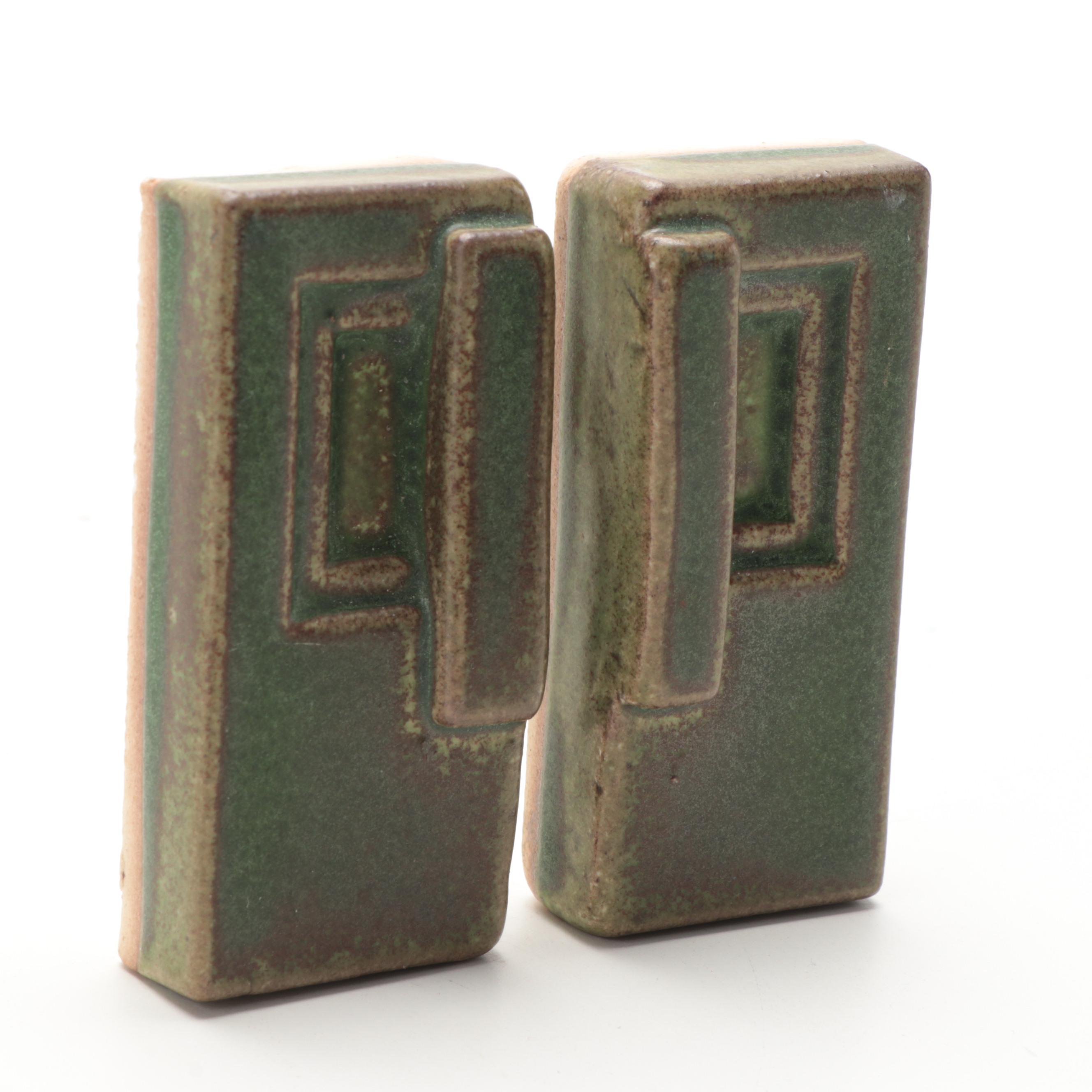 Pair of Mottled Green Glazed Art Pottery Tiles