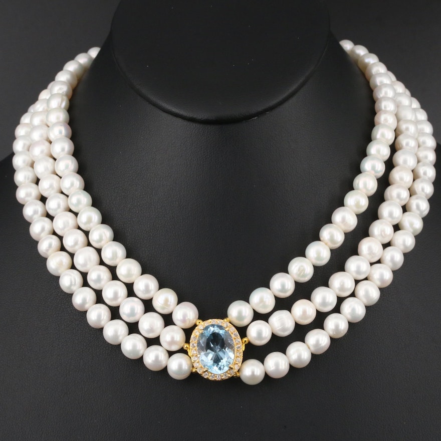 Sterling Pearl, Sky Blue Topaz and White Zircon Triple Strand Necklace