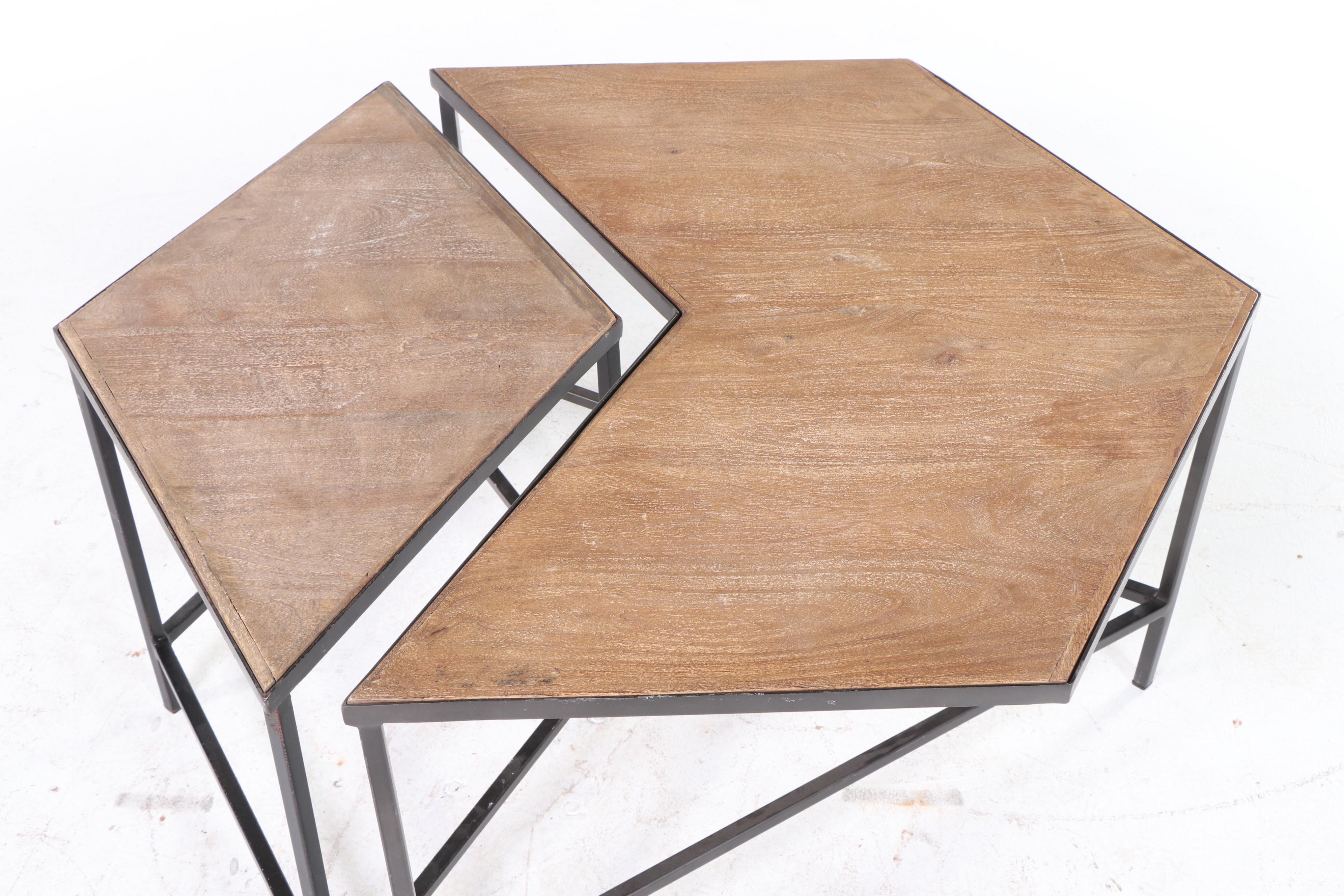 Contemporary Wood and Iron Two-Piece Modular Coffee Table