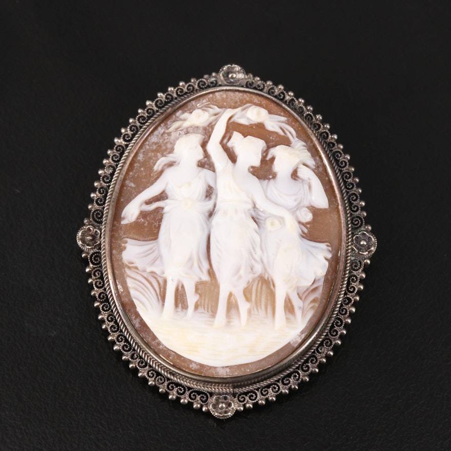 Vintage 800 Silver Three Graces Shell Cameo Brooch