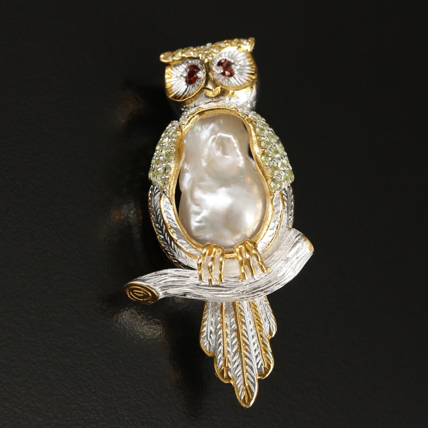 Sterling Pearl, Peridot, and Garnet Owl Perched on Branch Brooch