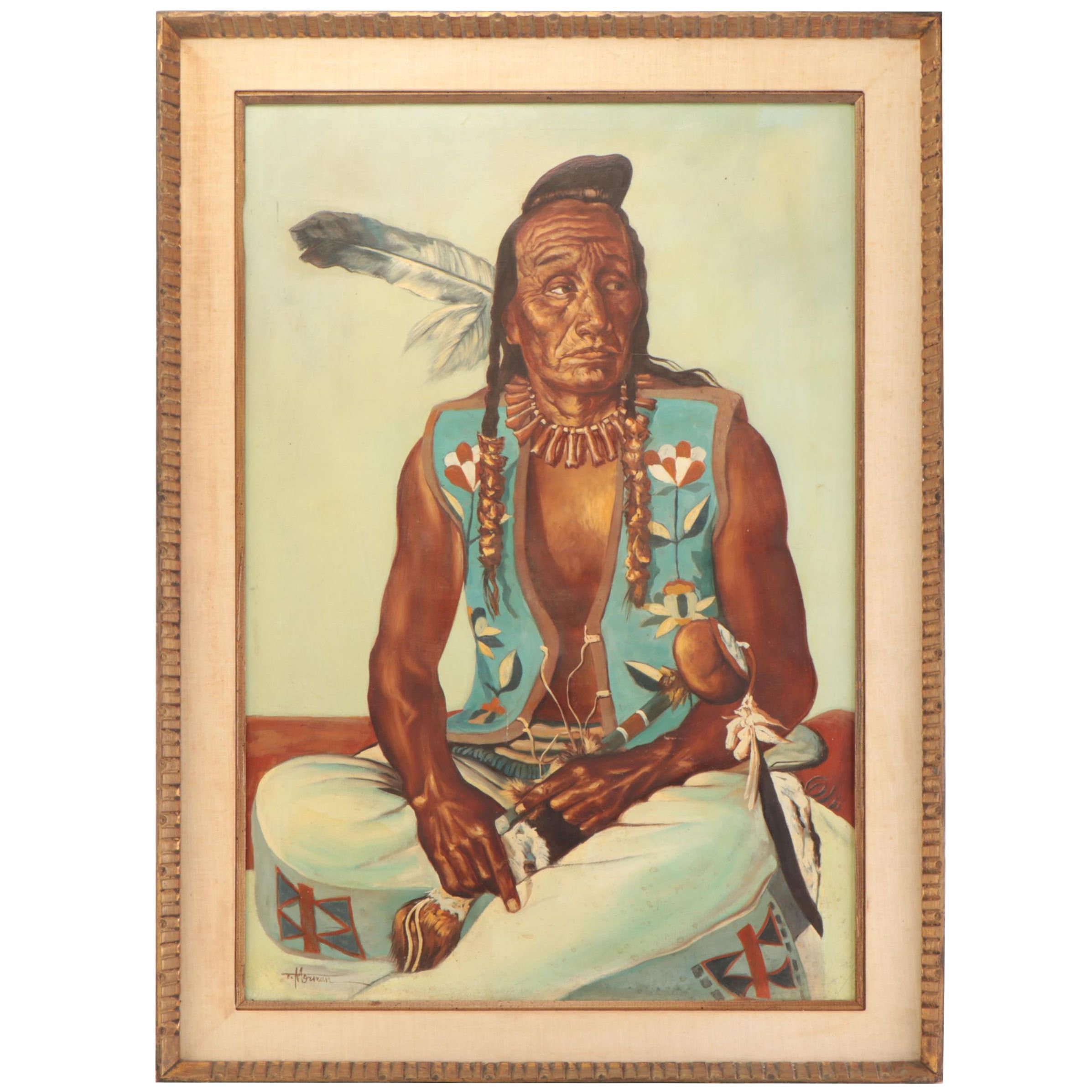 Thomas Morman Portrait Oil Painting of Native American, Mid-Late 20th Century