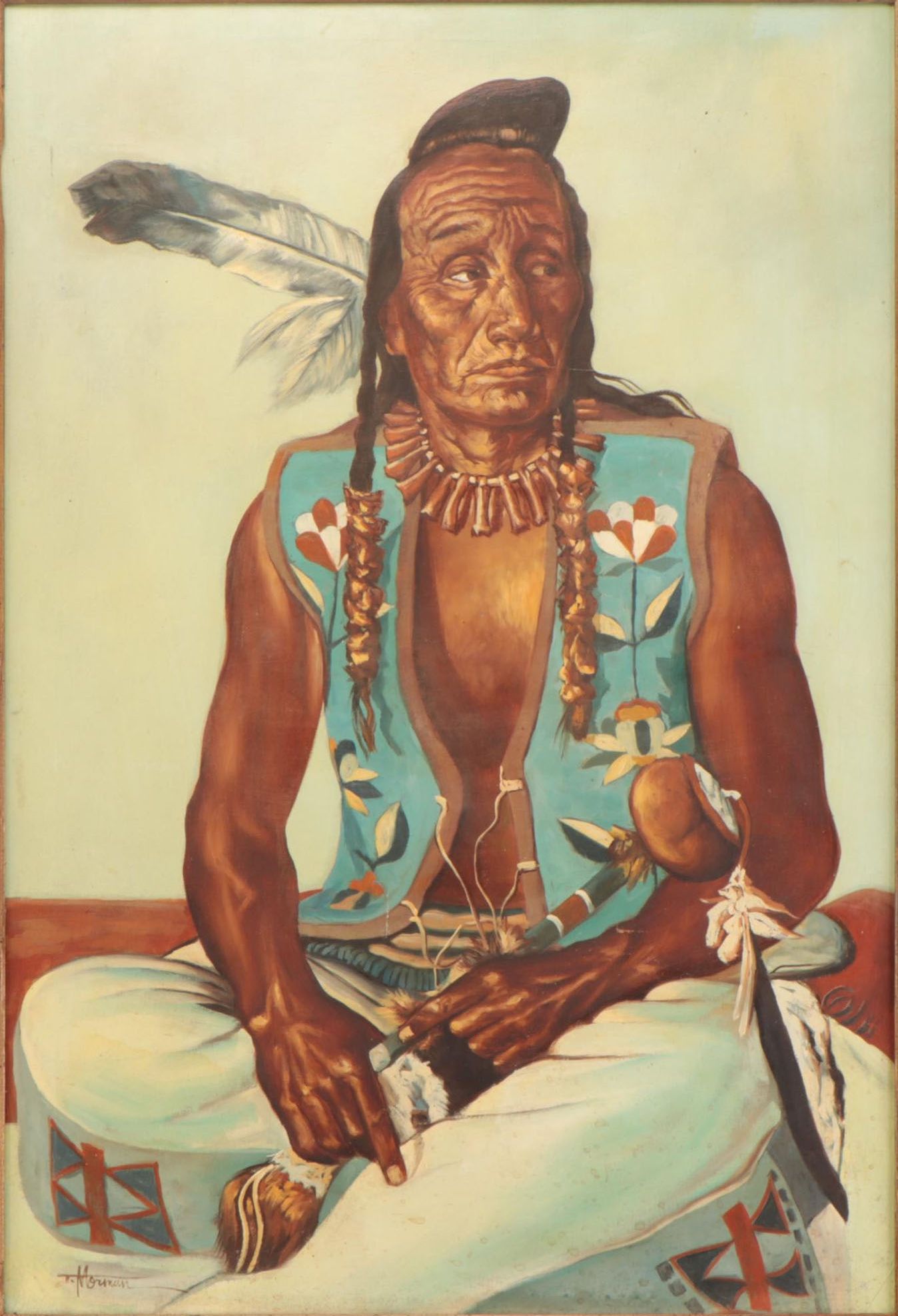 Thomas Morman Portrait Oil Painting of Native American, Mid-Late 20th Century