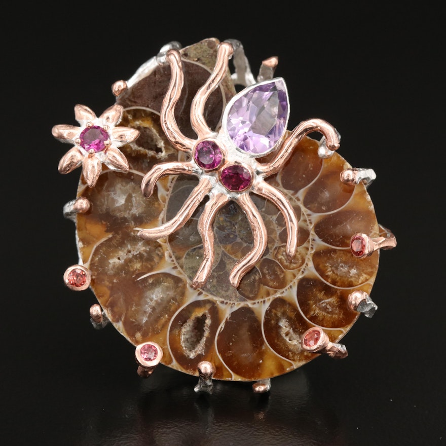 Sterling Ammonite, Amethyst and Garnet Octopus Pendant