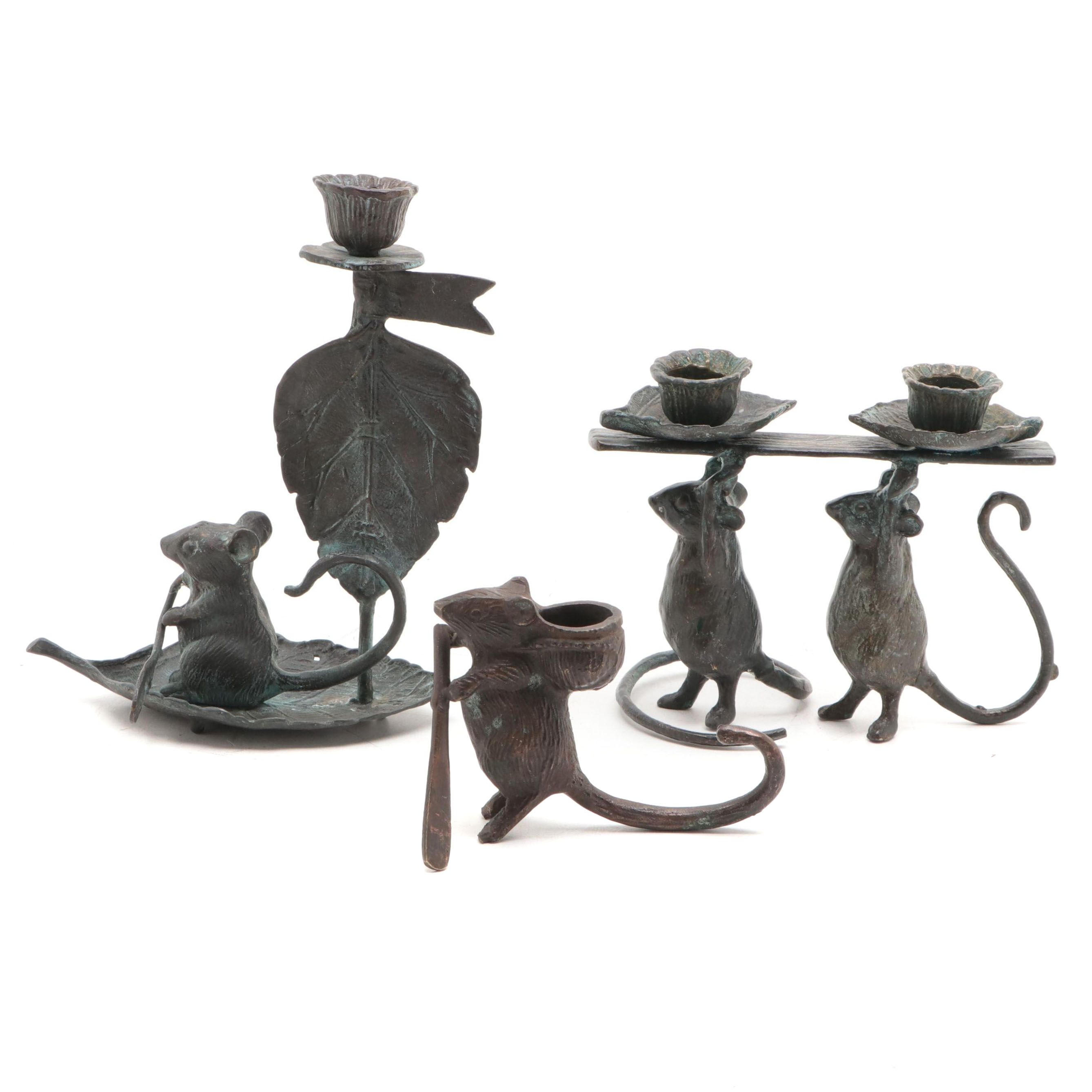 Patinated Metal Figural  Mouse Candle Holders