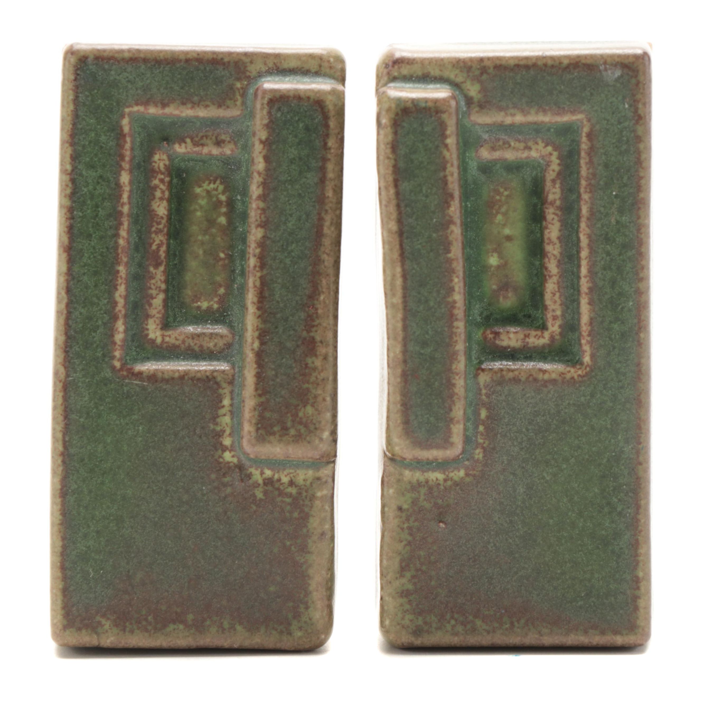 Pair of Mottled Green Glazed Art Pottery Tiles
