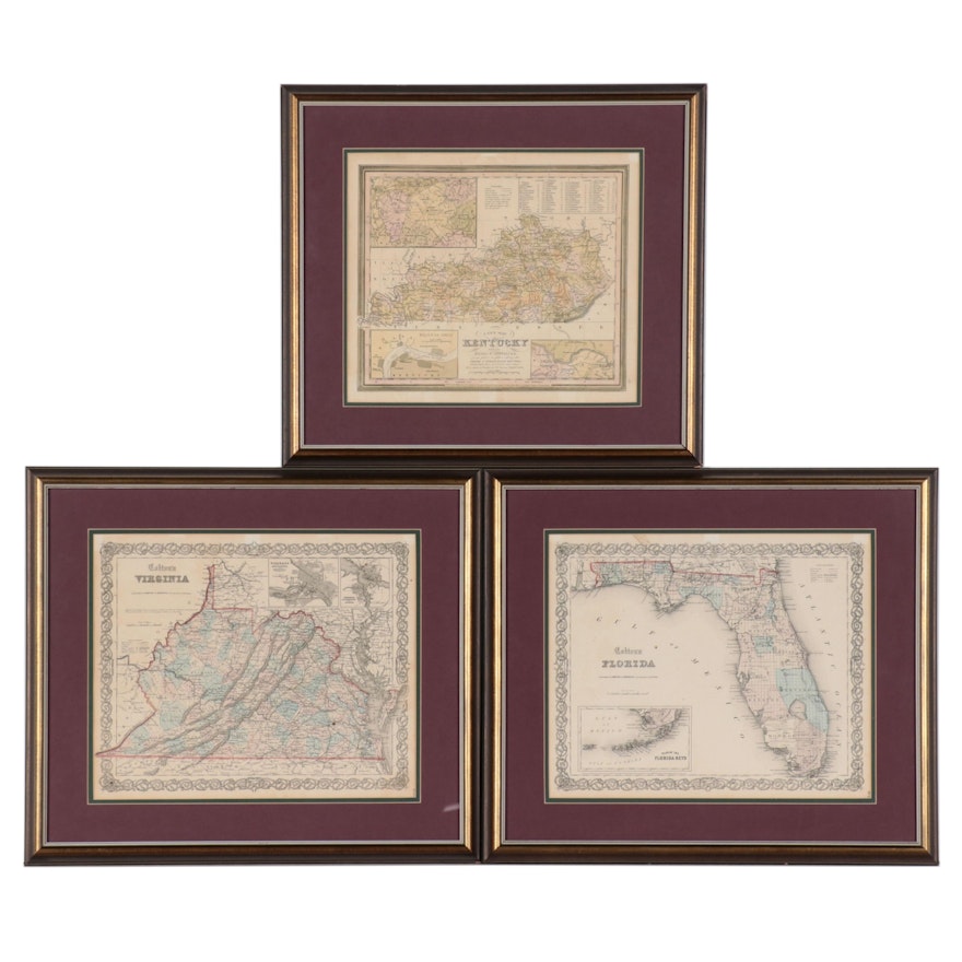 Johnson & Browning Hand-Colored Engraving Map "Colton's Florida" and More