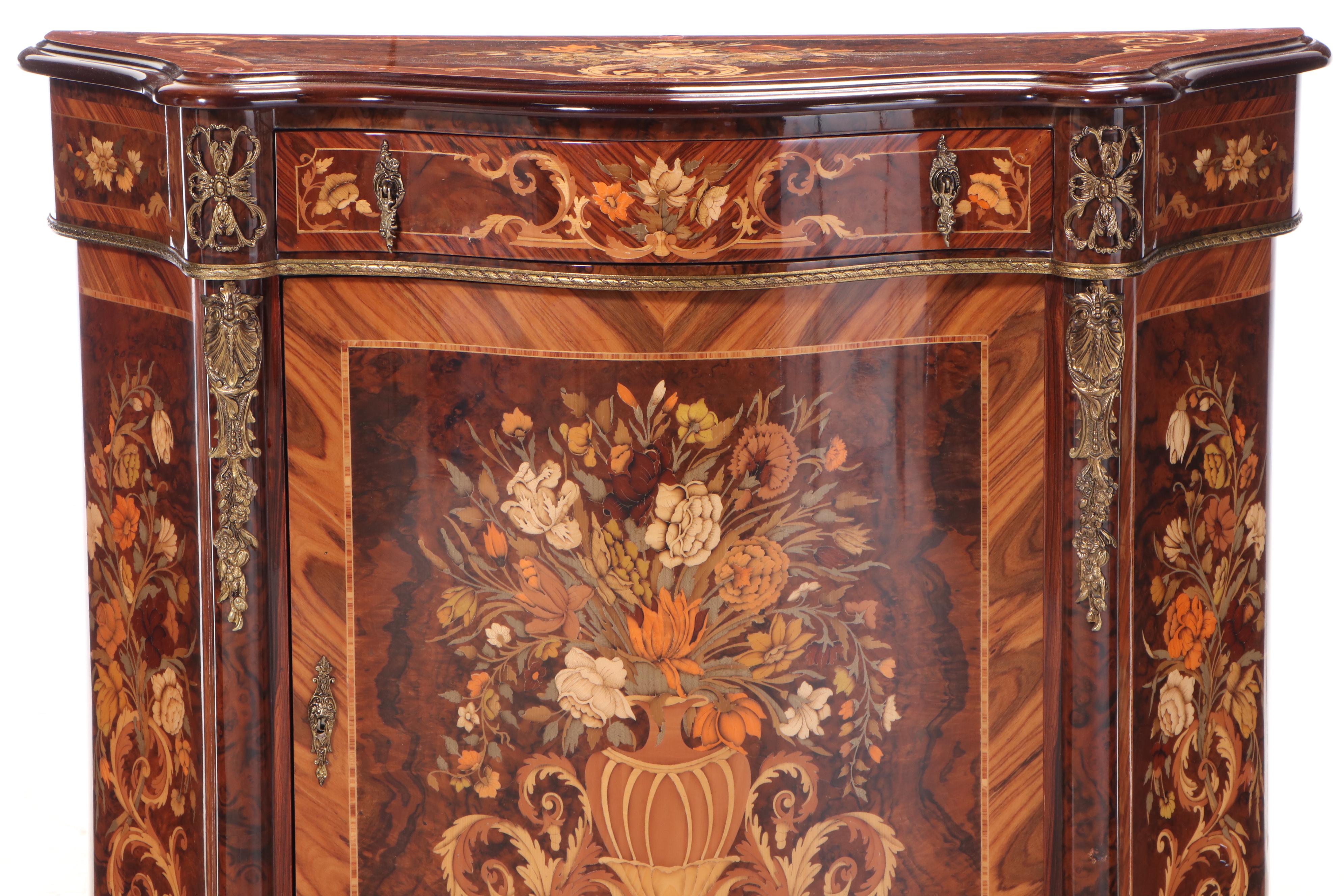 Louis XV Style Burlwood, Marquetry and Brass-Mounted Cabinet