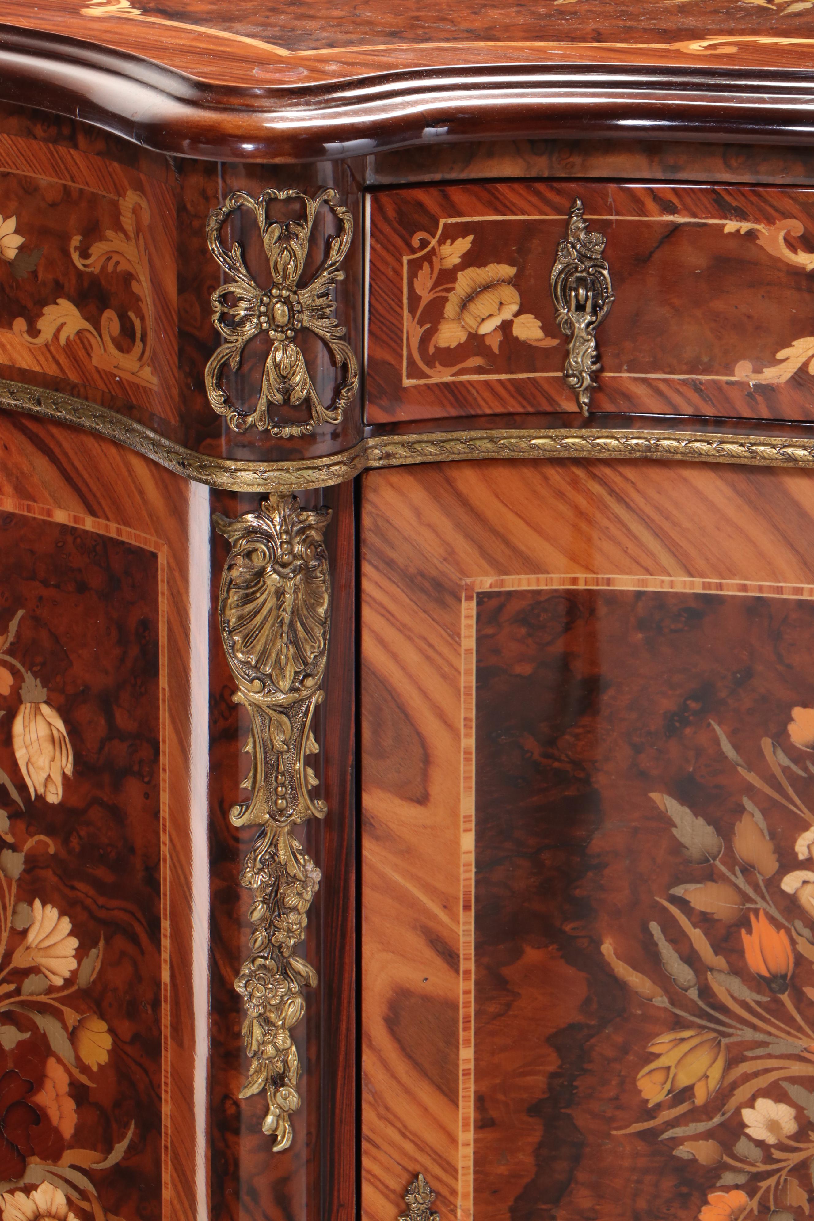 Louis XV Style Burlwood, Marquetry and Brass-Mounted Cabinet