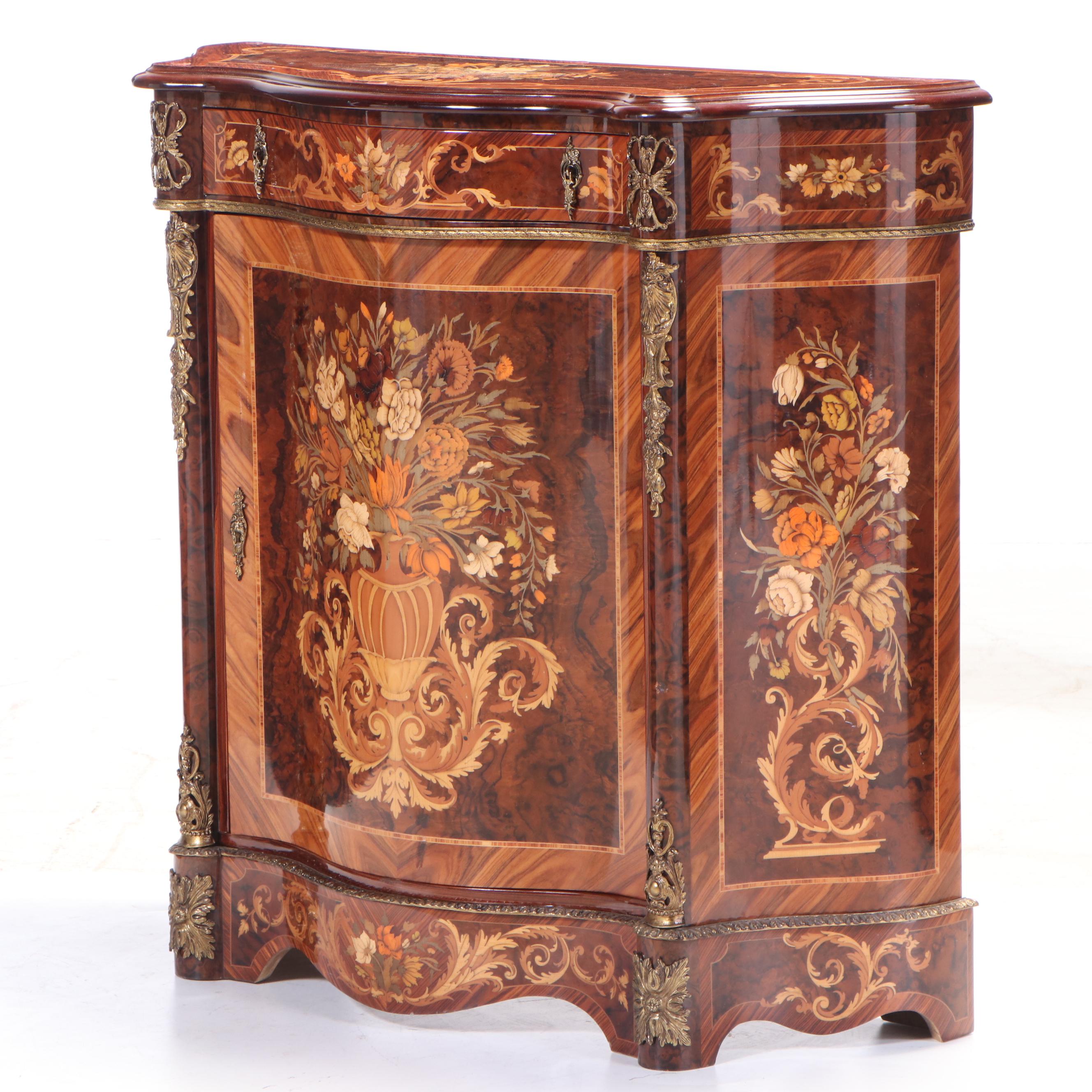 Louis XV Style Burlwood, Marquetry and Brass-Mounted Cabinet