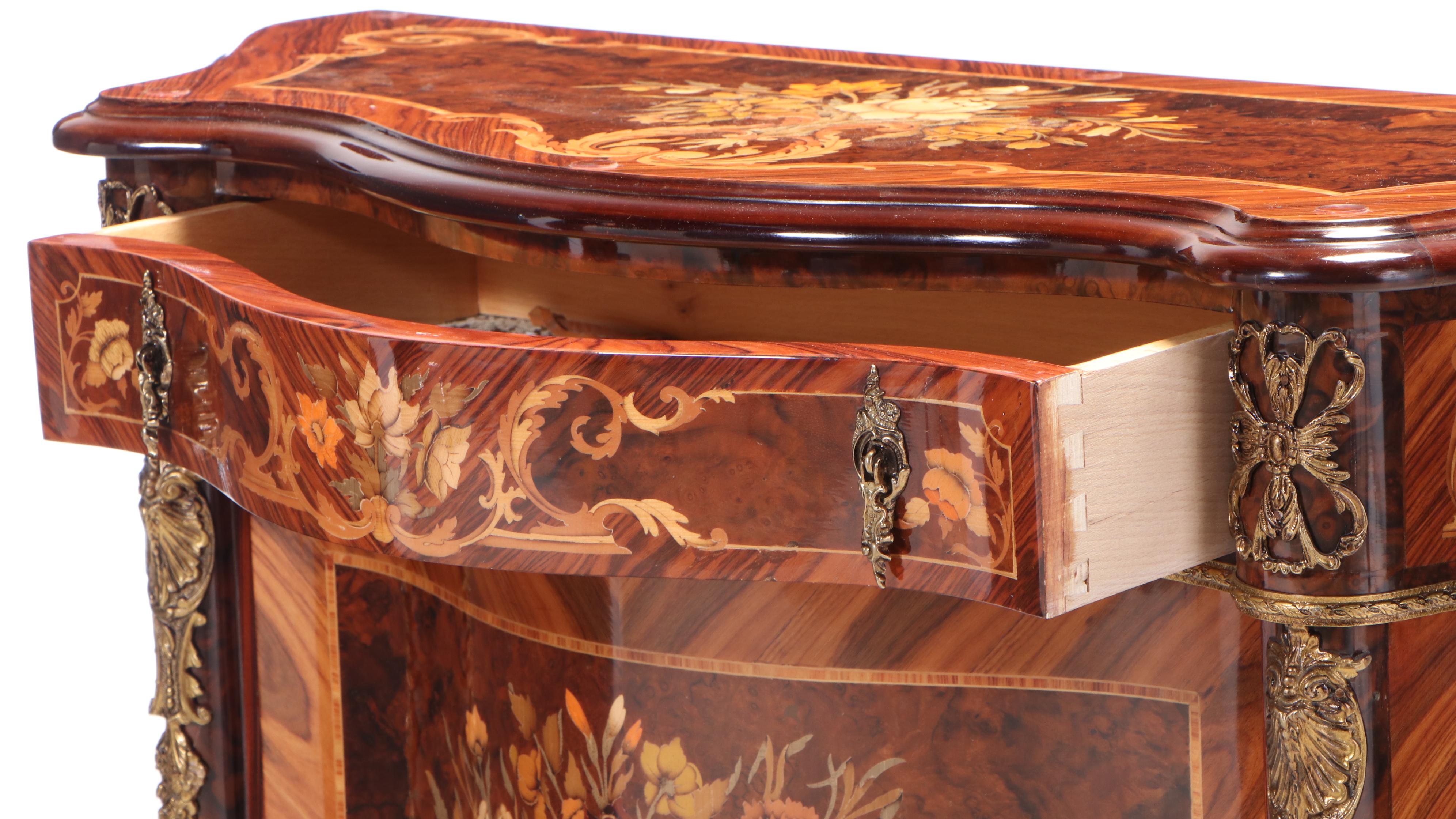 Louis XV Style Burlwood, Marquetry and Brass-Mounted Cabinet