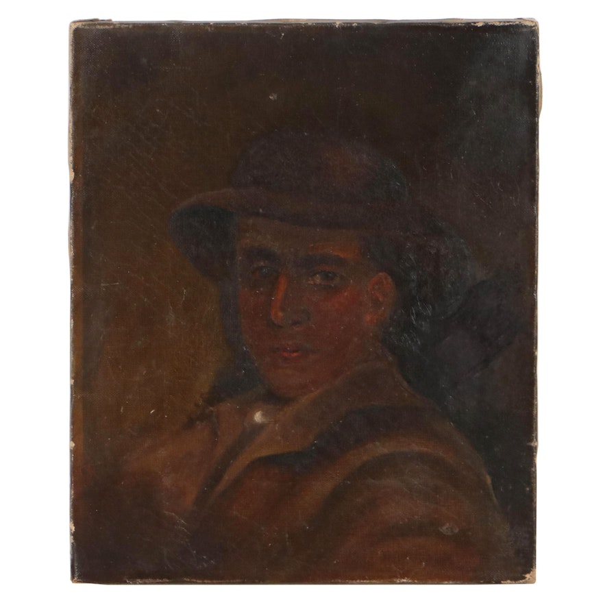 Portrait of Man in Hat Oil Painting, Circa 1910