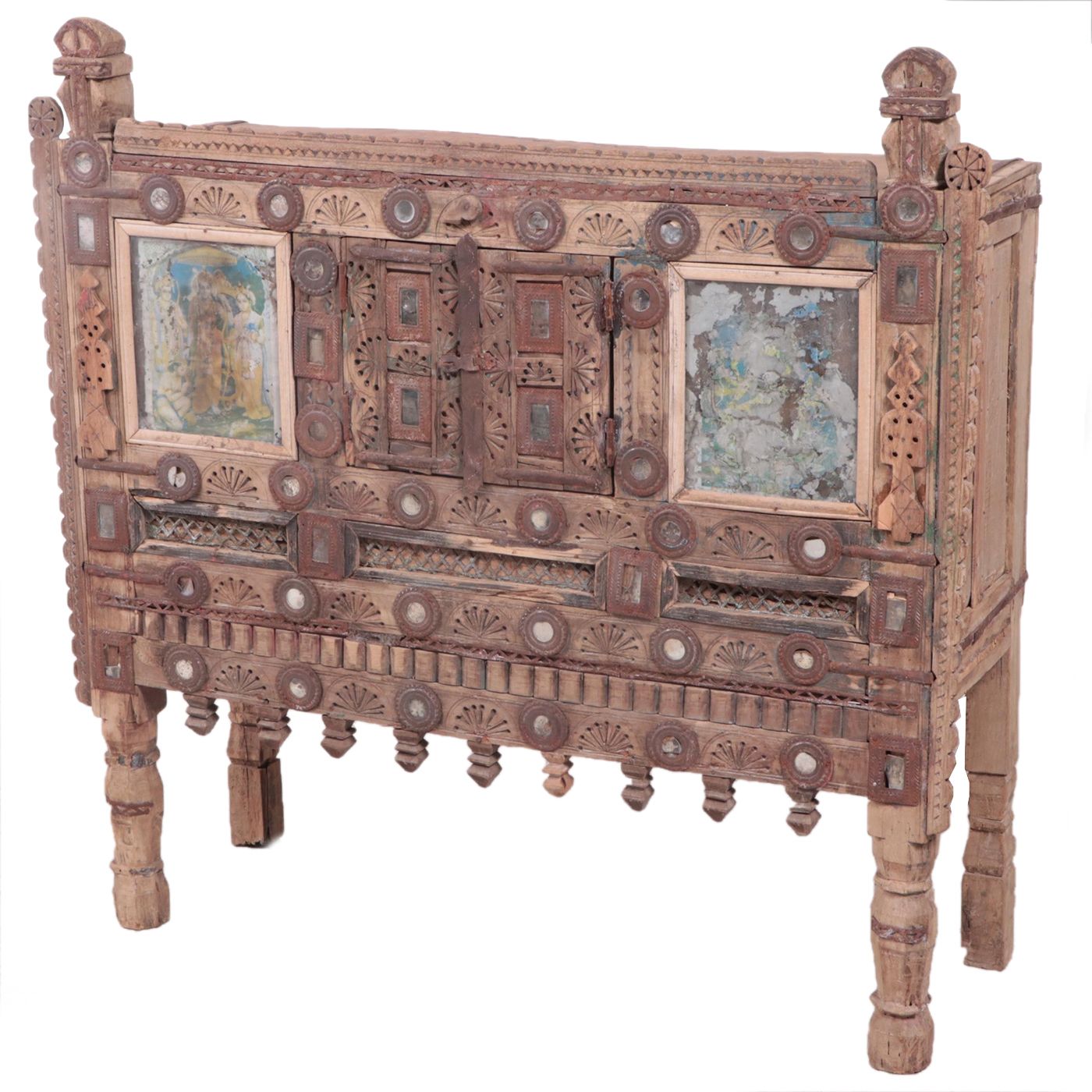 Indian Carved and Paint-Decorated Wood Damchiya