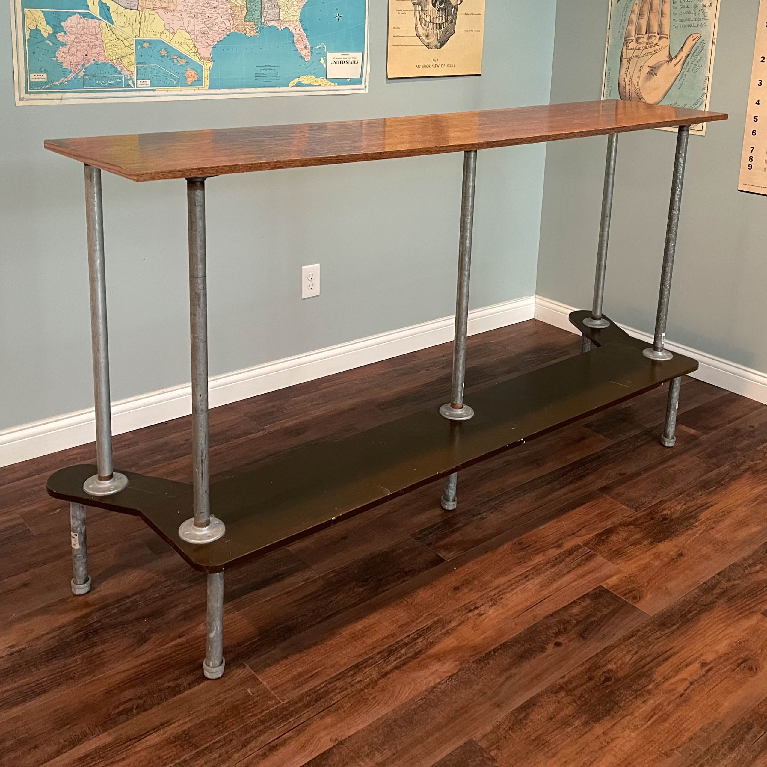 Industrial Style Steel Pipe, Oak, and Painted Plywood Bar-Height Table