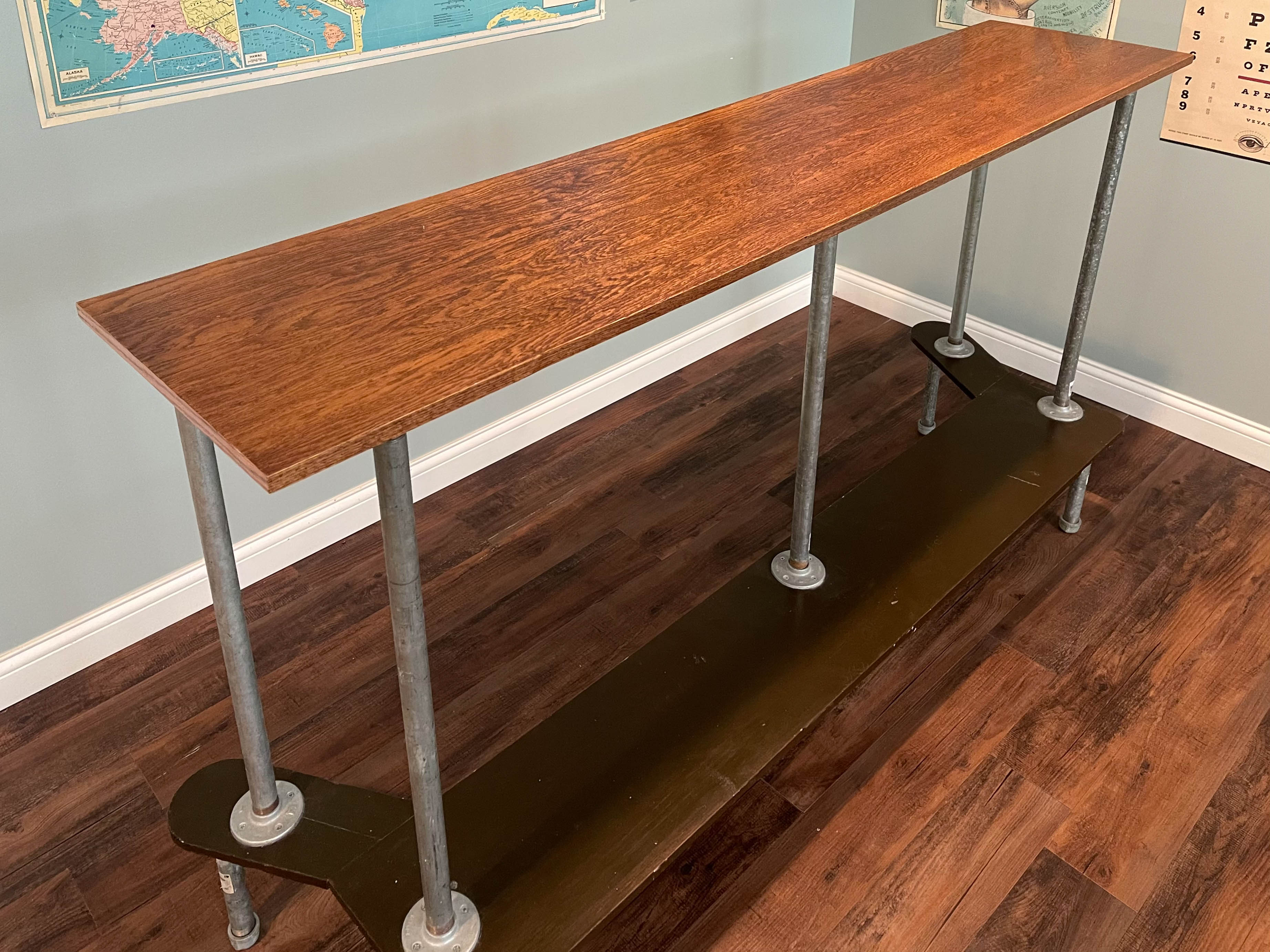 Industrial Style Steel Pipe, Oak, and Painted Plywood Bar-Height Table