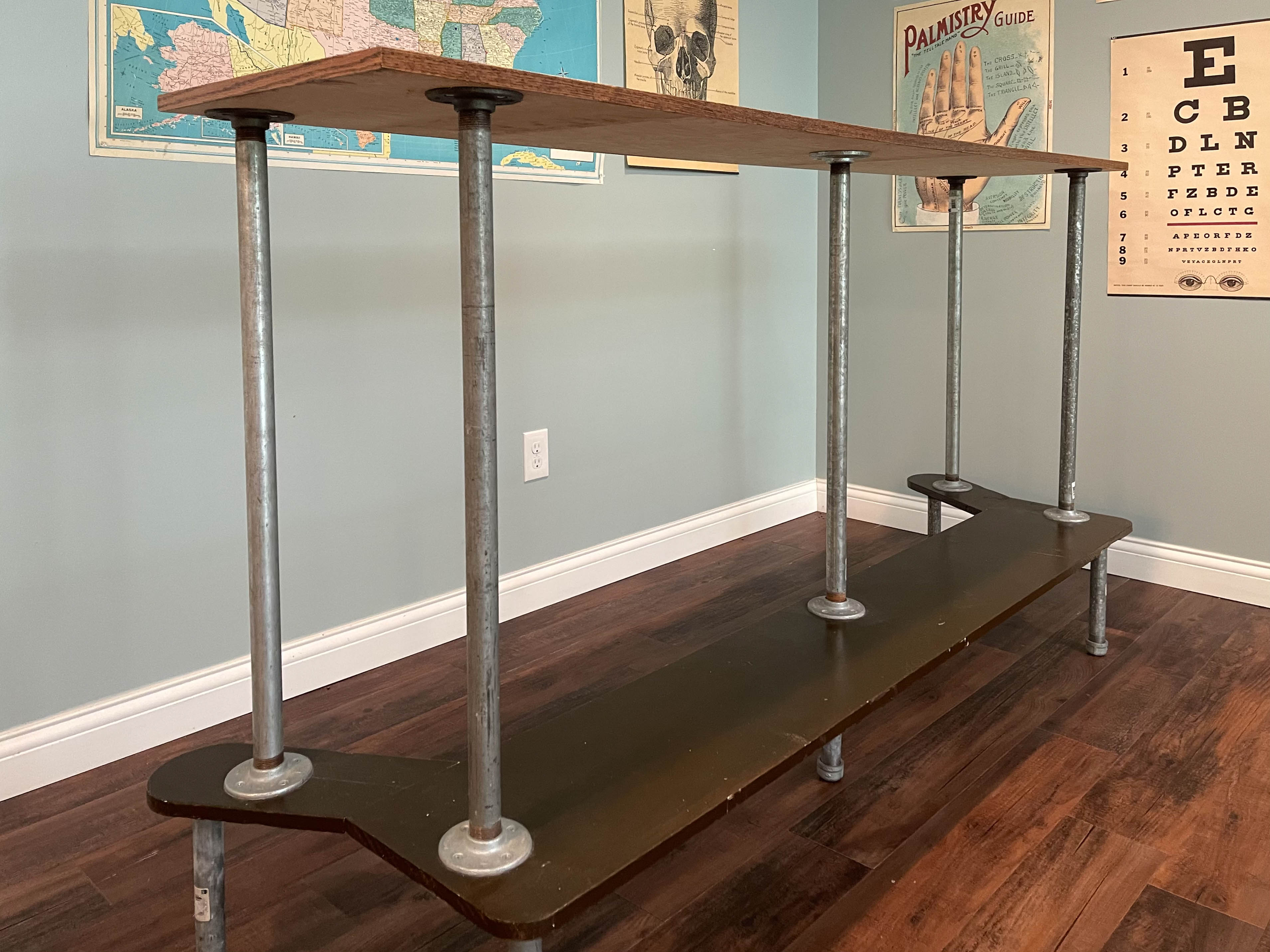Industrial Style Steel Pipe, Oak, and Painted Plywood Bar-Height Table