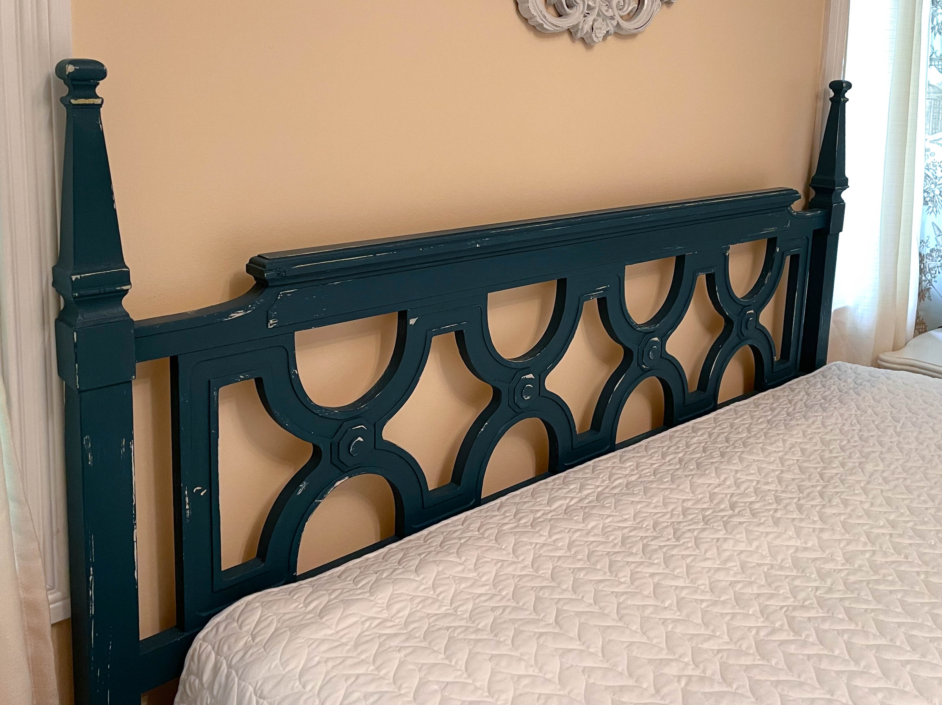 Mediterranean Style Painted Full/Queen Size Headboad Plus Full Size Metal Frame