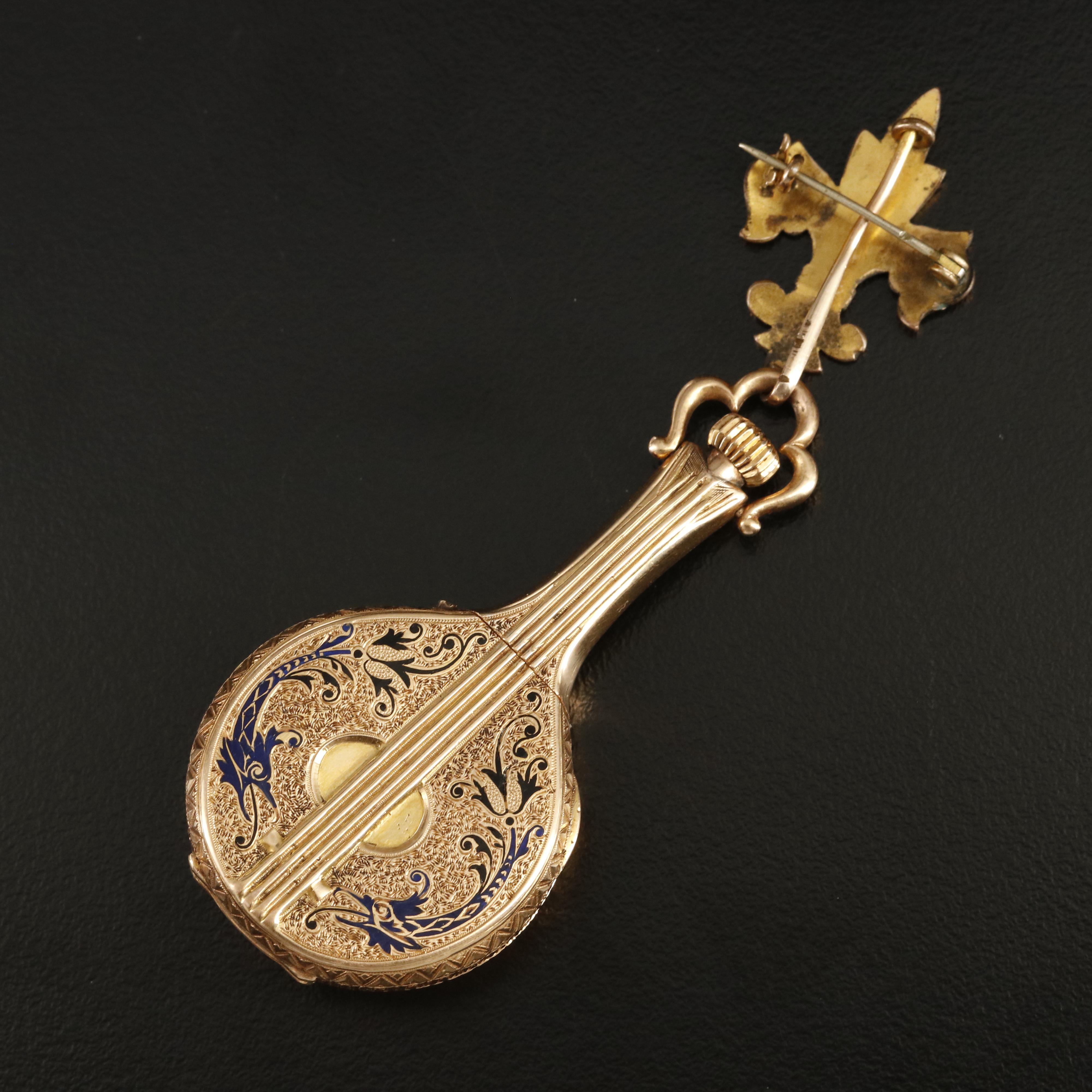 18K Felix Y Emmanuel Ullmann Manila Mandolin Shaped Enamelled Timepiece